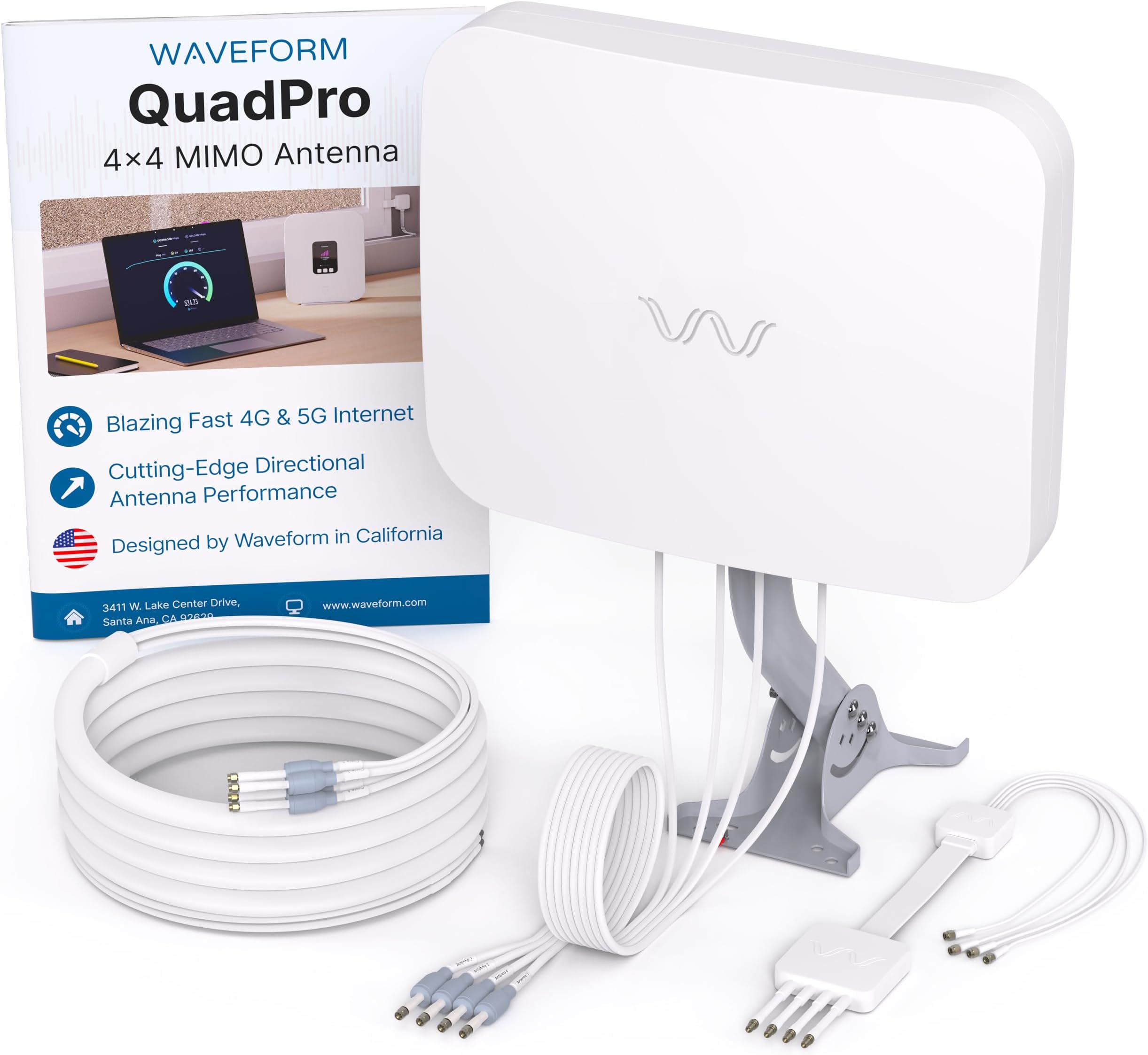 Waveform QuadPro 4x4 MIMO Signal Boosting Panel Antenna Kit | External Antenna for 4G/5G Routers & Gateways | for T-Mobile Home Internet, Verizon, AT&T (Complete Kit w/ 20' Cable & Window Entry)