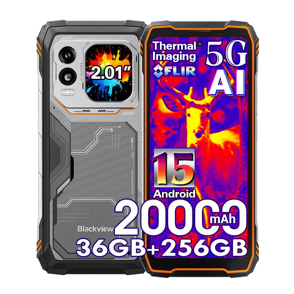 Blackview Xplore 1 Pro Teléfono Movil Resistente con Termográfica Cámara, 36GB+256GB/2TB, 6.78"FHD+ Movil Irrompible, 64MP+50MP, 20000mAh Smartphone Todoterreno IP68/5G/NFC/OTG/GPS/Infrarrojo,Naranja