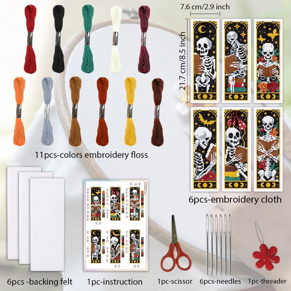 ORIGACH 6 Pack Gothic Skeleton Reading Cross Stitch Kit