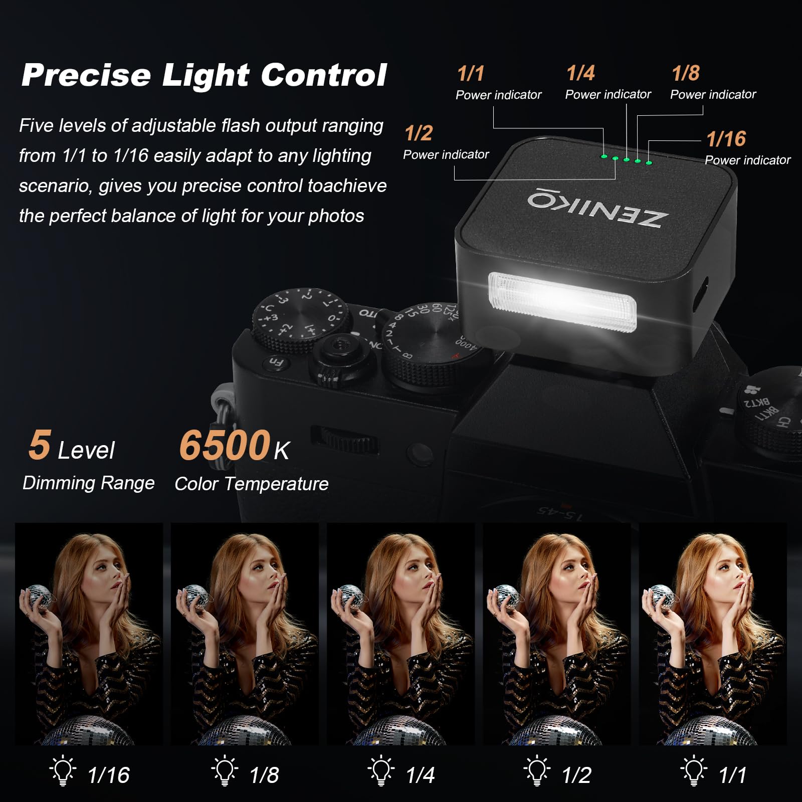 ZENIKO ZF08 Mini Flash Speedlite On Camera Flash GN16, 5 livelli di potenza, CCT 6500k ±200k con attacco universale Hot Shoe ＜3s Riciclaggio rapido per Sony/Canon/Nikon/Panasonic/Olympus (nero, ZF08)