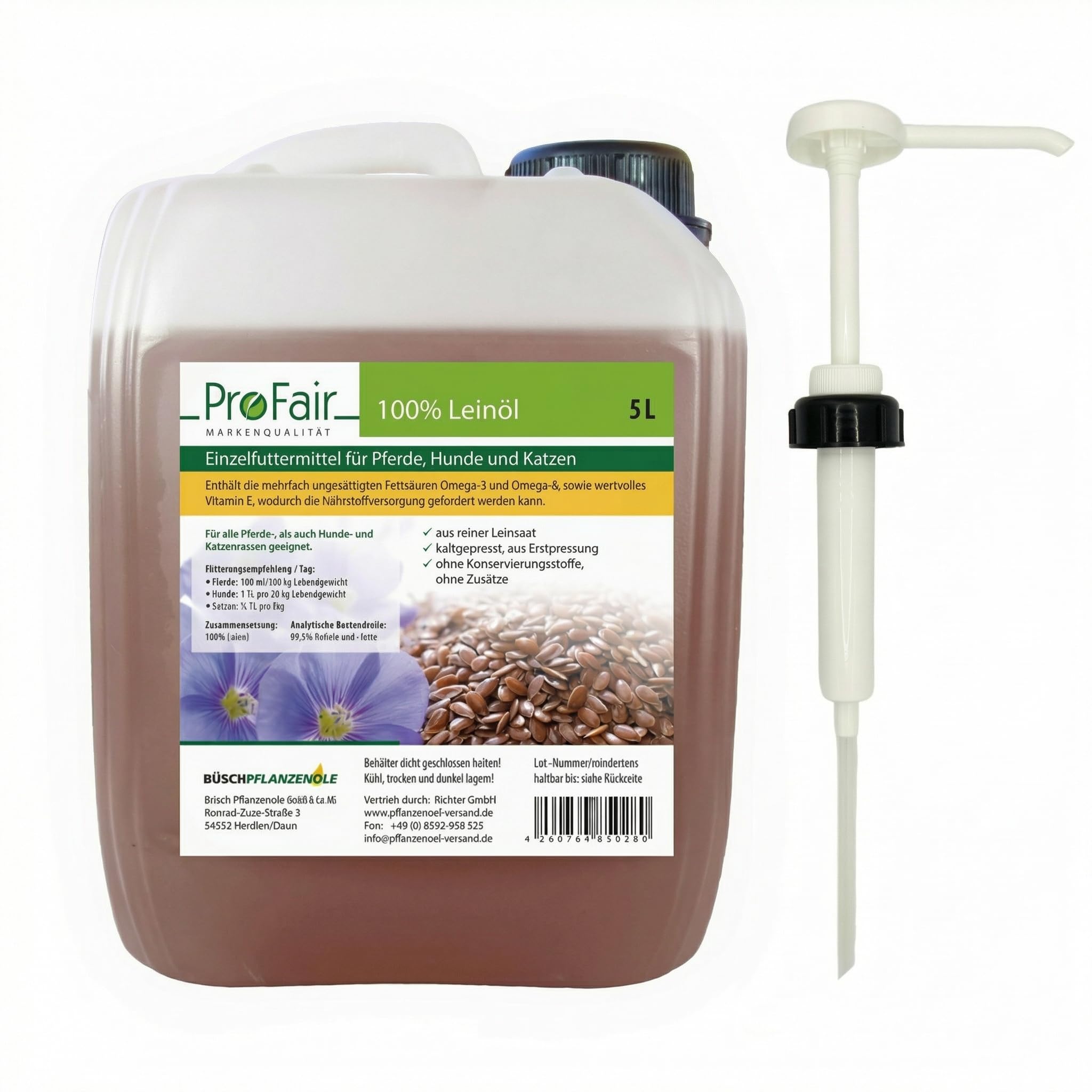 ProFair Leinöl für Pferde, Hunde & Katzen, kaltgepresst unter 40 °C, Erstpressung, 100% reine Leinsaat, Einzelfuttermittel, 5 L Vorratskanister inkl. Kanisterpumpe (ca. 30 ml/Hub)