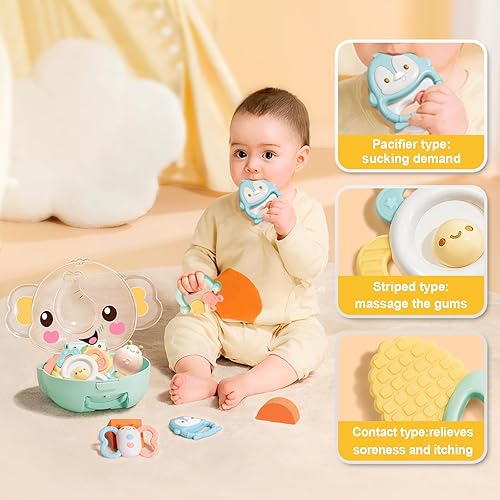 Miniatura 4 de auby Sonajero mordedor, 6 juegos de juguetes con caja de regalo, material TPE de juguete para bebés y resistente al calor, adecuado para recién