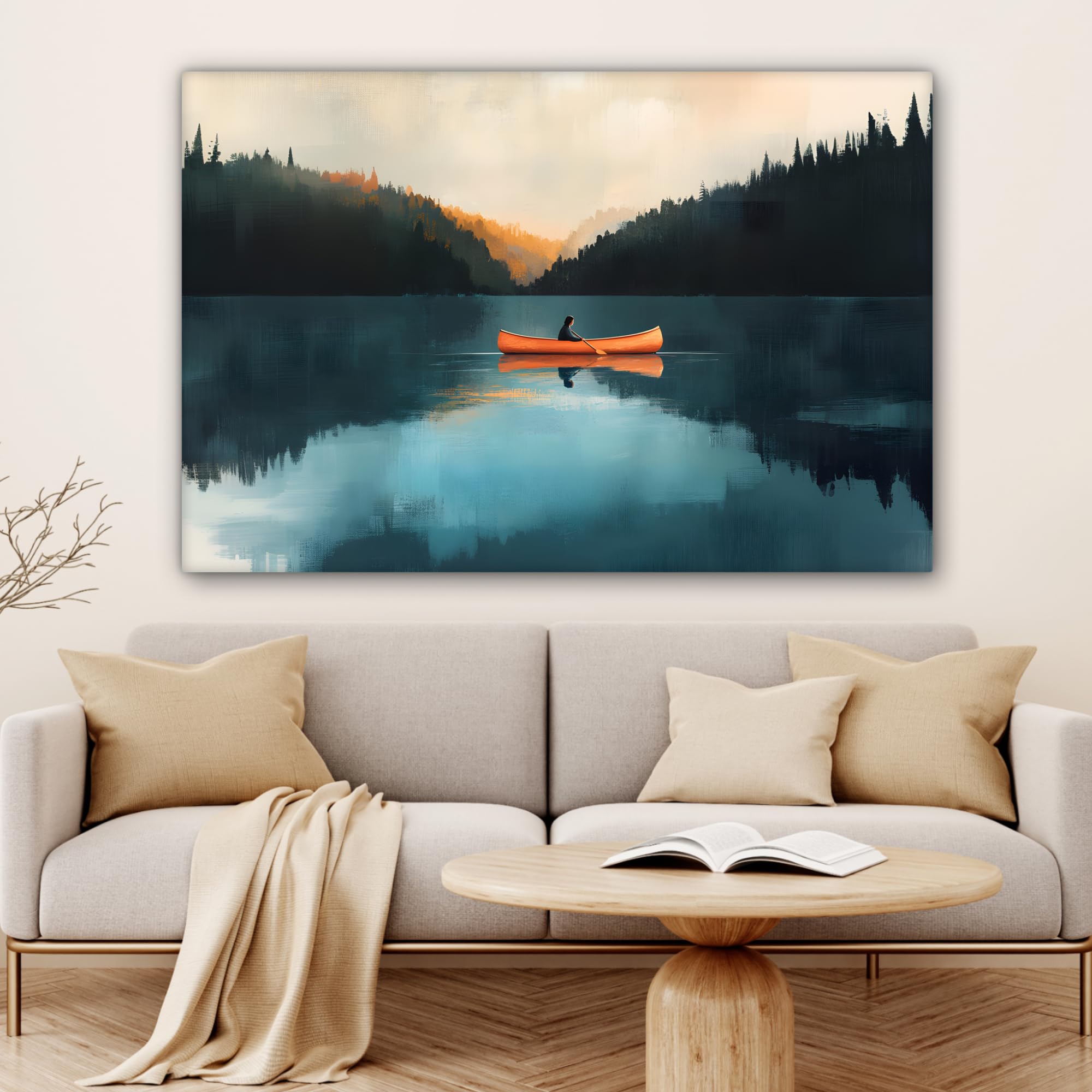 MuchoWow© Impression sur Toile Decoration Murale Peinture 120x80 cm Tableaux Decoratifs Muraux Déco Chambre Tableau Salon Forêts - Lac - Canoë - Orange