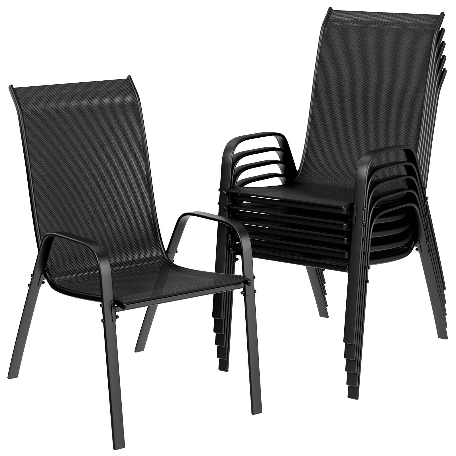 LIFERUN Stackable Garden Chairs with High Back, Set of 6 Dark Black, Armrests & Textilene Fabric, 150kg Capacity, Outdoor Chairs for Patio, Backyard, Balcony, Restaurant