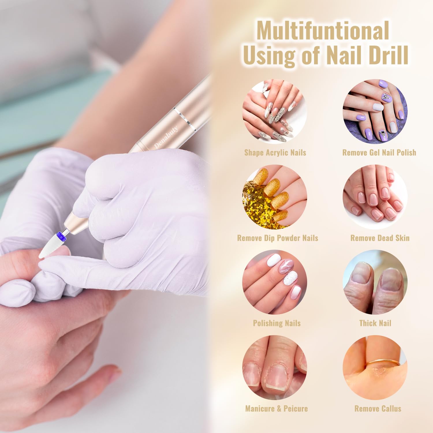 Ponceuse pour Ongles 35000 tr/min, Lime a Ongle Electrique Professionnelle 12 en 1 Ponceuse à Ongles Sans Fil avec écran LCD, Portable Kit de Manucure et Pédicure 5 Vitesse Réglable Doré