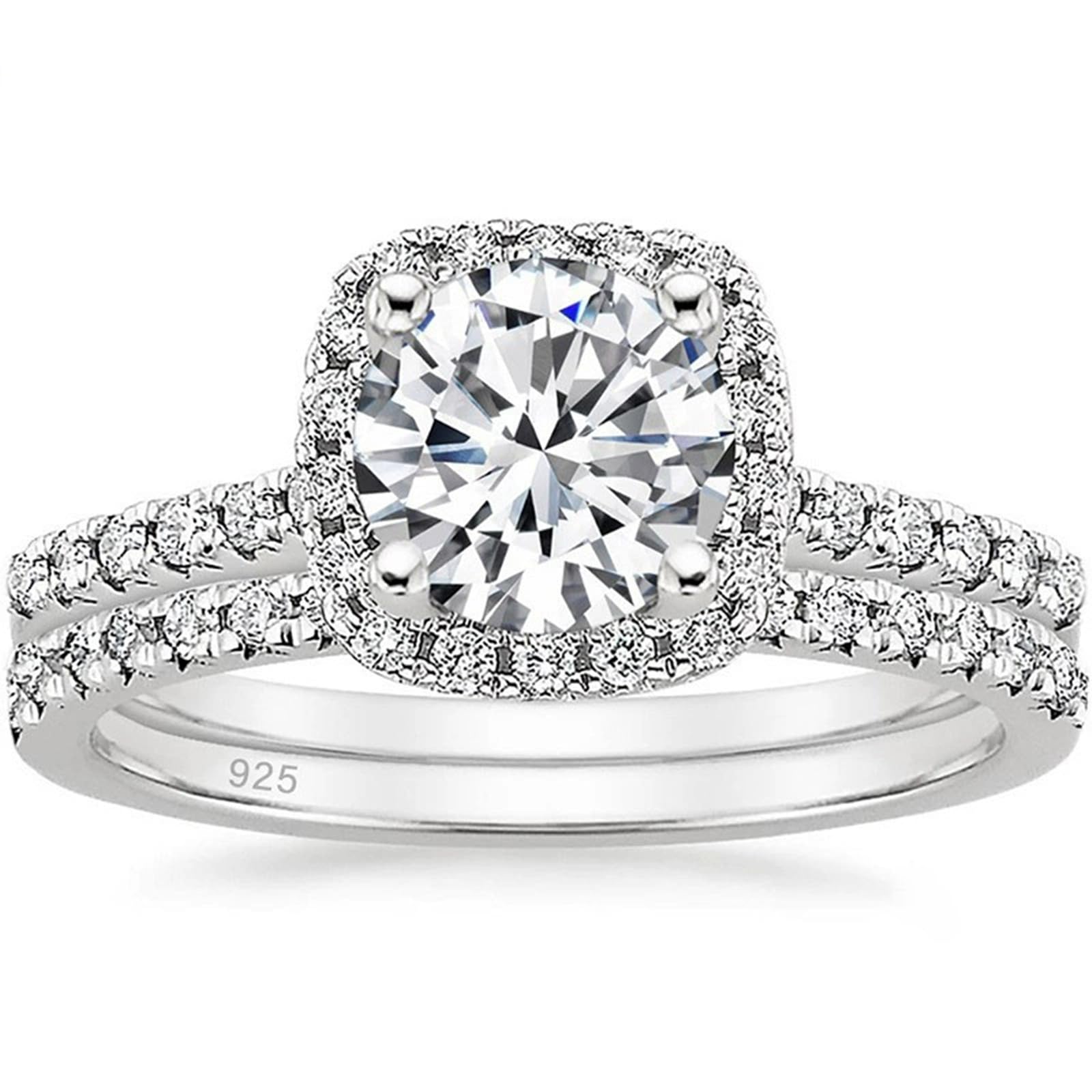 Anillo redondo de plata 925 para mujer, juego de 2 anillos de compromiso de oro con circonita cúbica de 7 mm