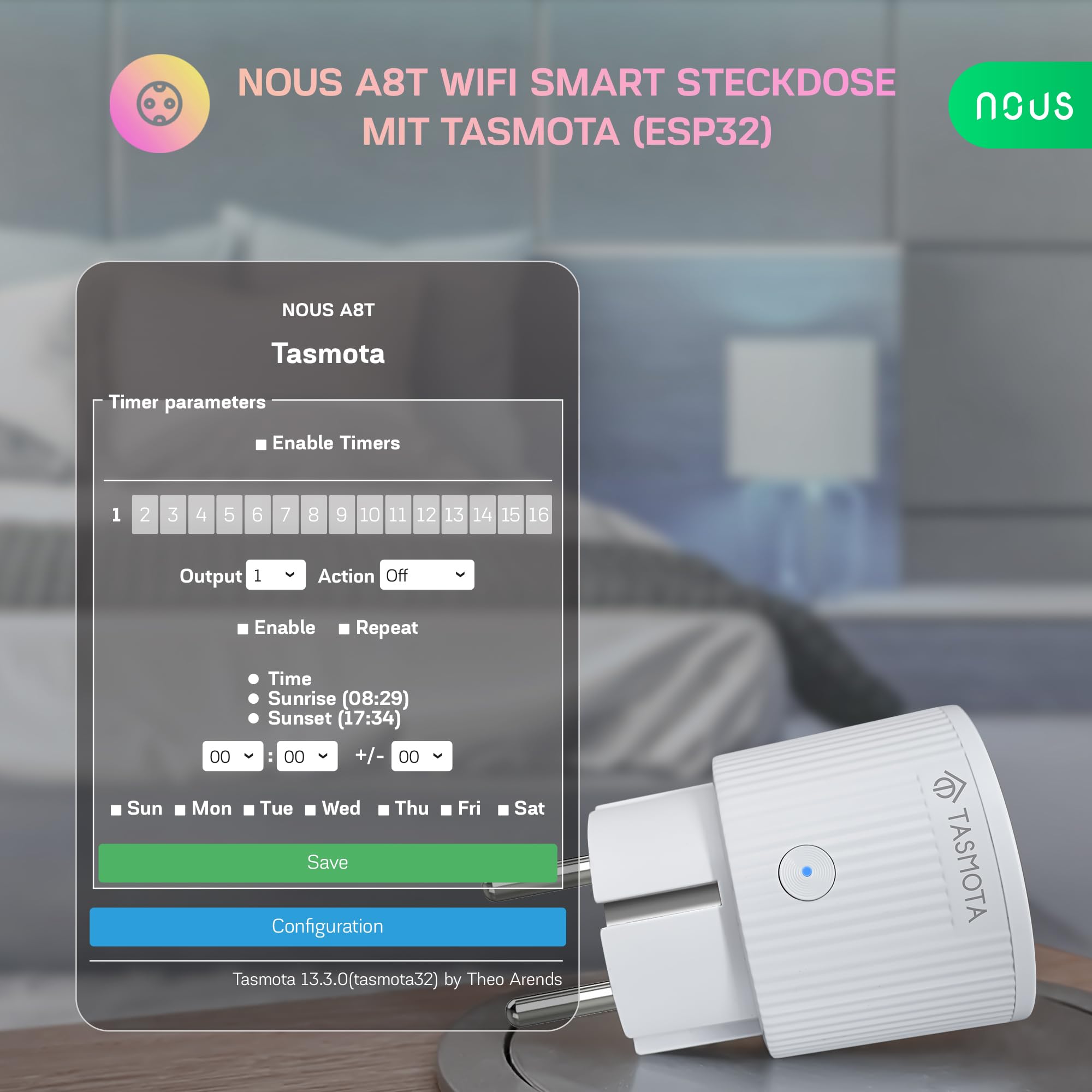NOUS Modulo di commutazione WiFi Tasmota, 16 A, 2 canali con misurazione della potenza/modulo tenda 1 canale, ESP32, sensore Temp, Matter & MQTT, contatti a secco, compatibile con Alexa, Home