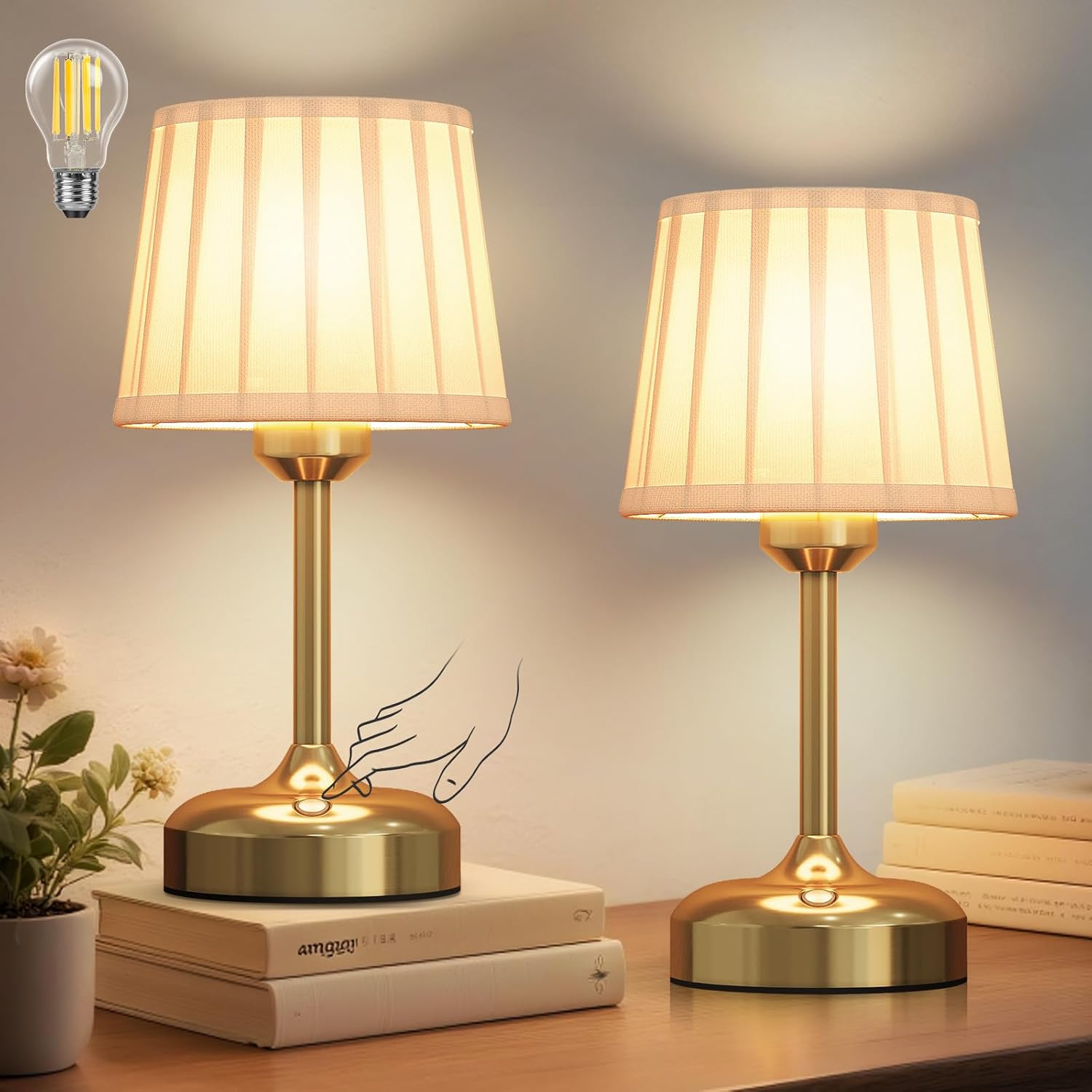 Bedside Table Lamp for Bedroom, 5000mAh Touch Bedside Table Cordless Lamp Nightstand Desk Lamp with USB Charging for Dorm, Living Room, Office, Kids Room Decor Set of 2 Gold-2 Pcs