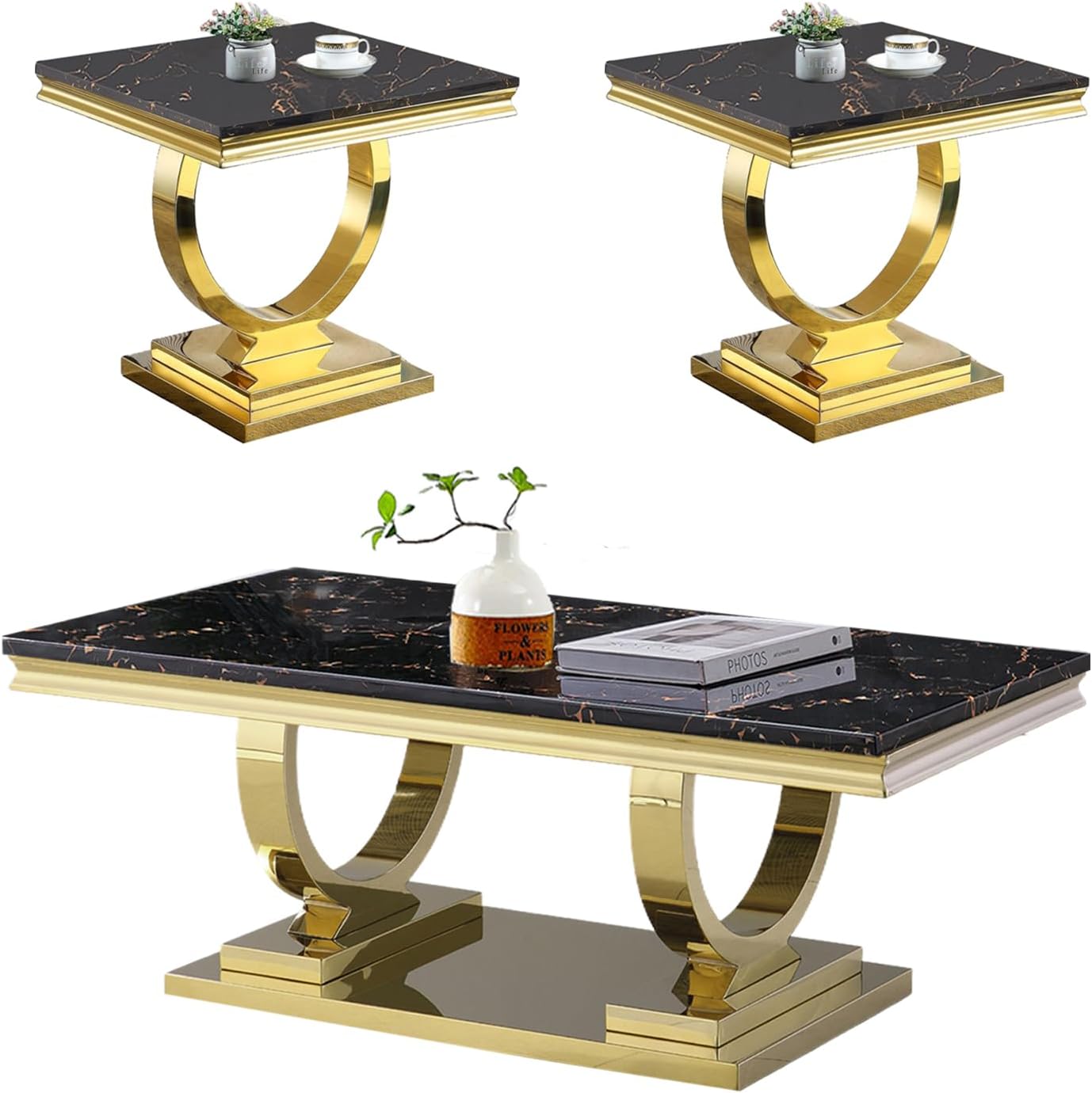 Amazon.com: Marble Coffee Table Set of 3,3 Piece Coffee Table Sets for Living Room,Faux Marble ...