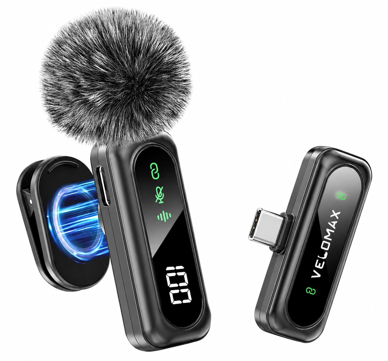 VELOMAX Mic for YouTube Wireless, Noise Reduction Magnetic Clip Wireless Microphone with LED Indicator and Battery Display for Video Recording Creators (Single Channel Type-C Port Version)-image-20