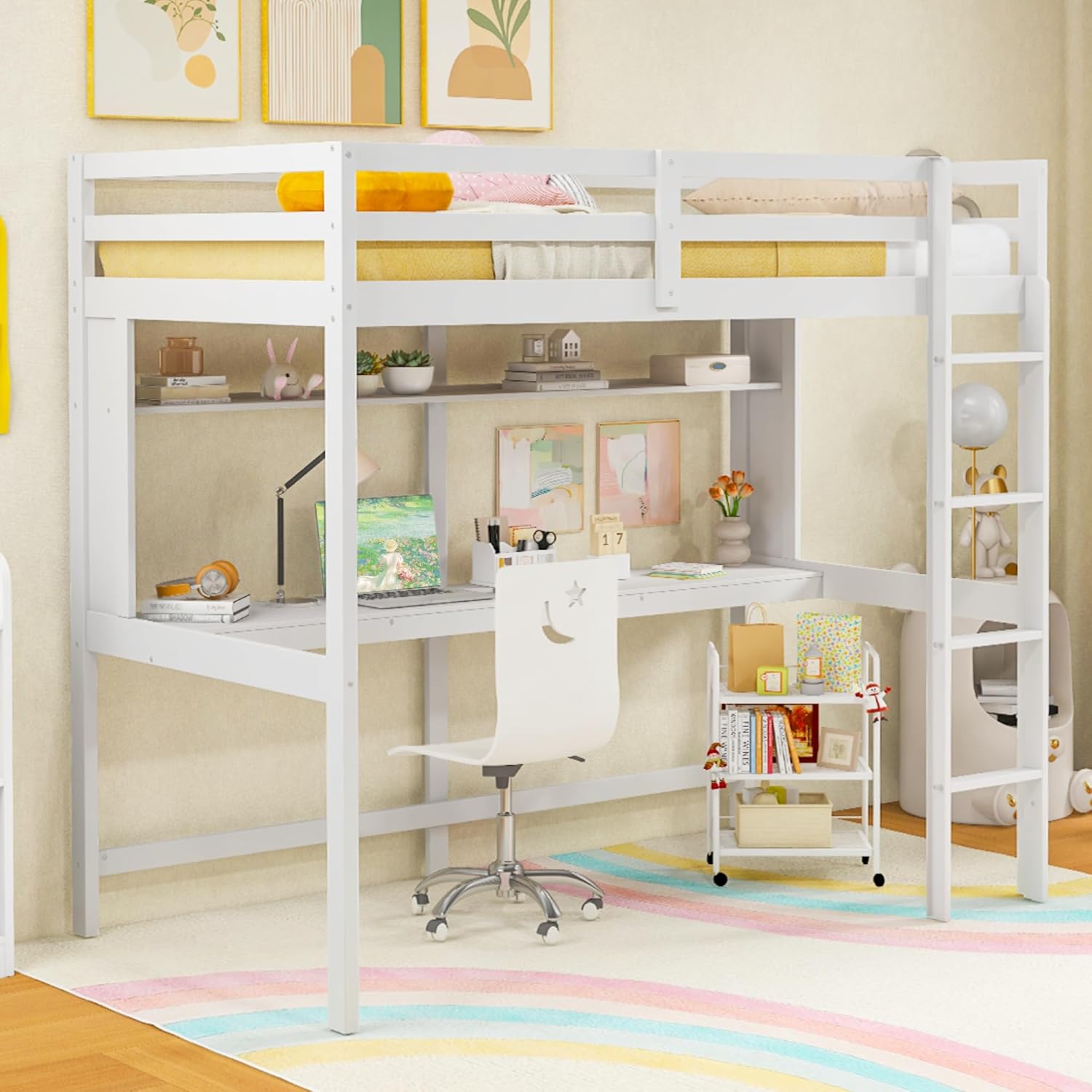 KOMFOTT Twin Loft Bed with Desk, Wood Loft Beds for Kids with Ladder, Solid Pine Wood Frame & Safety Guardrails, No Box Spring Needed, Space-Saving High Loft Bed Frame for Home, Dorm, White