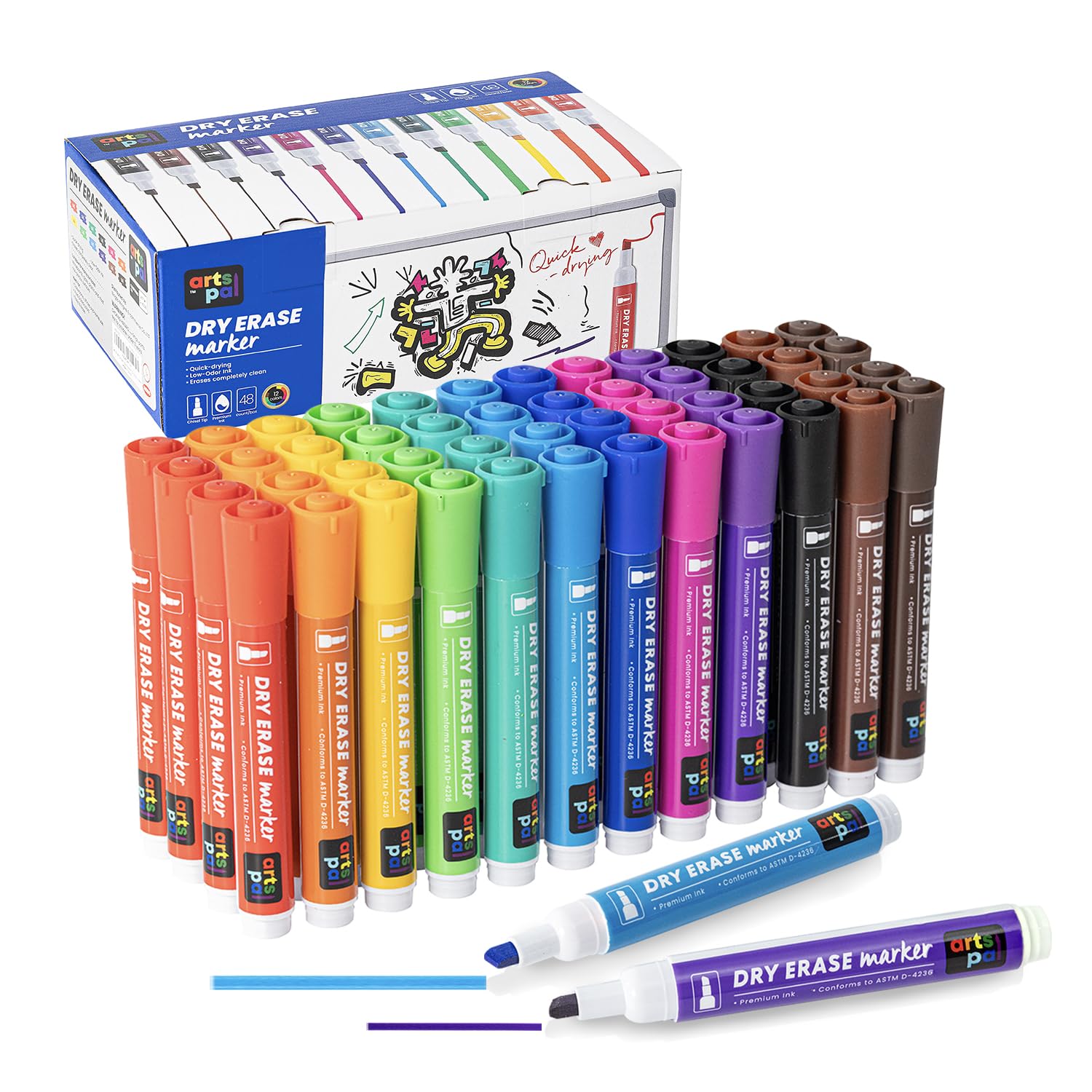 Chisel Tip Low-Odor Dry-Erase Markers With Erasers, Assorted Colors, 12/Pack | Plastic Express Inc