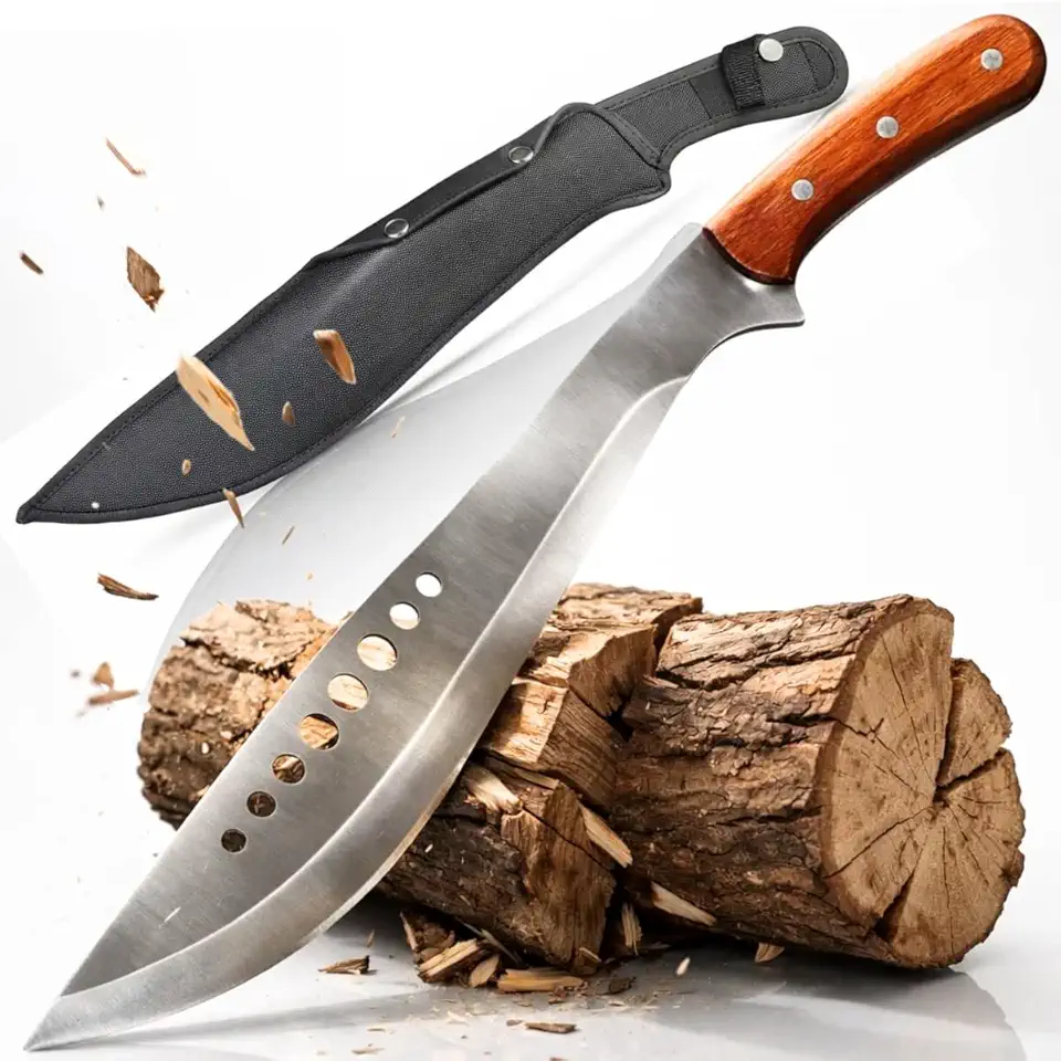 Facão de Mato Machete em Aço Inox Premium com Cabo de Madeira Ergonômico e Bainha – Resistente e Versátil para Camping, Pesca, Trilha, Roça, Caça e Atividades ao Ar Livre