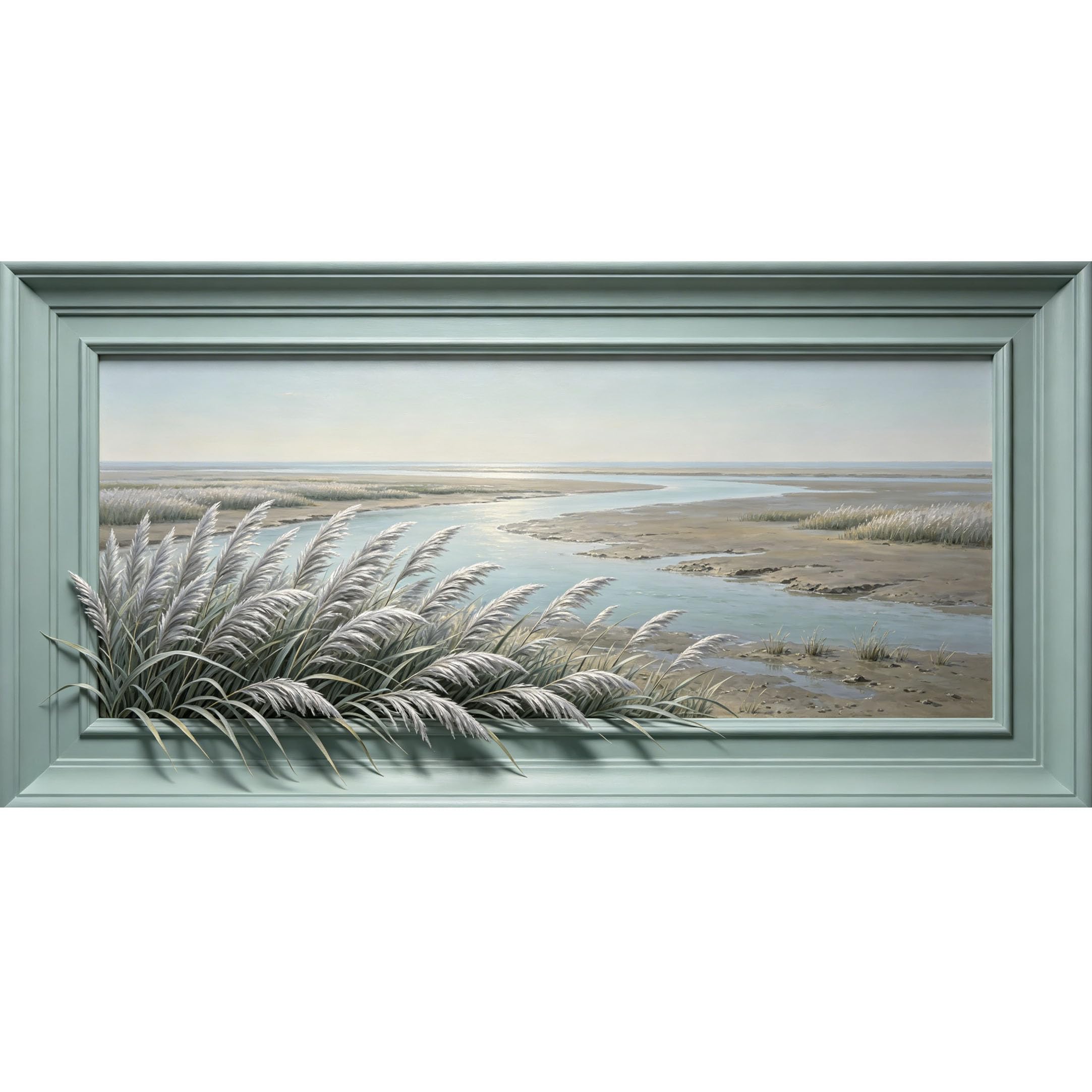 Agglomerix 3D Framed Wall Art Coastal River Estuary Landscape Reeds Shoreline Textured Relief Effect Large Size Self-Adhesive Removable Wall Decor Prints Artwork for Living Room Bedroom Office