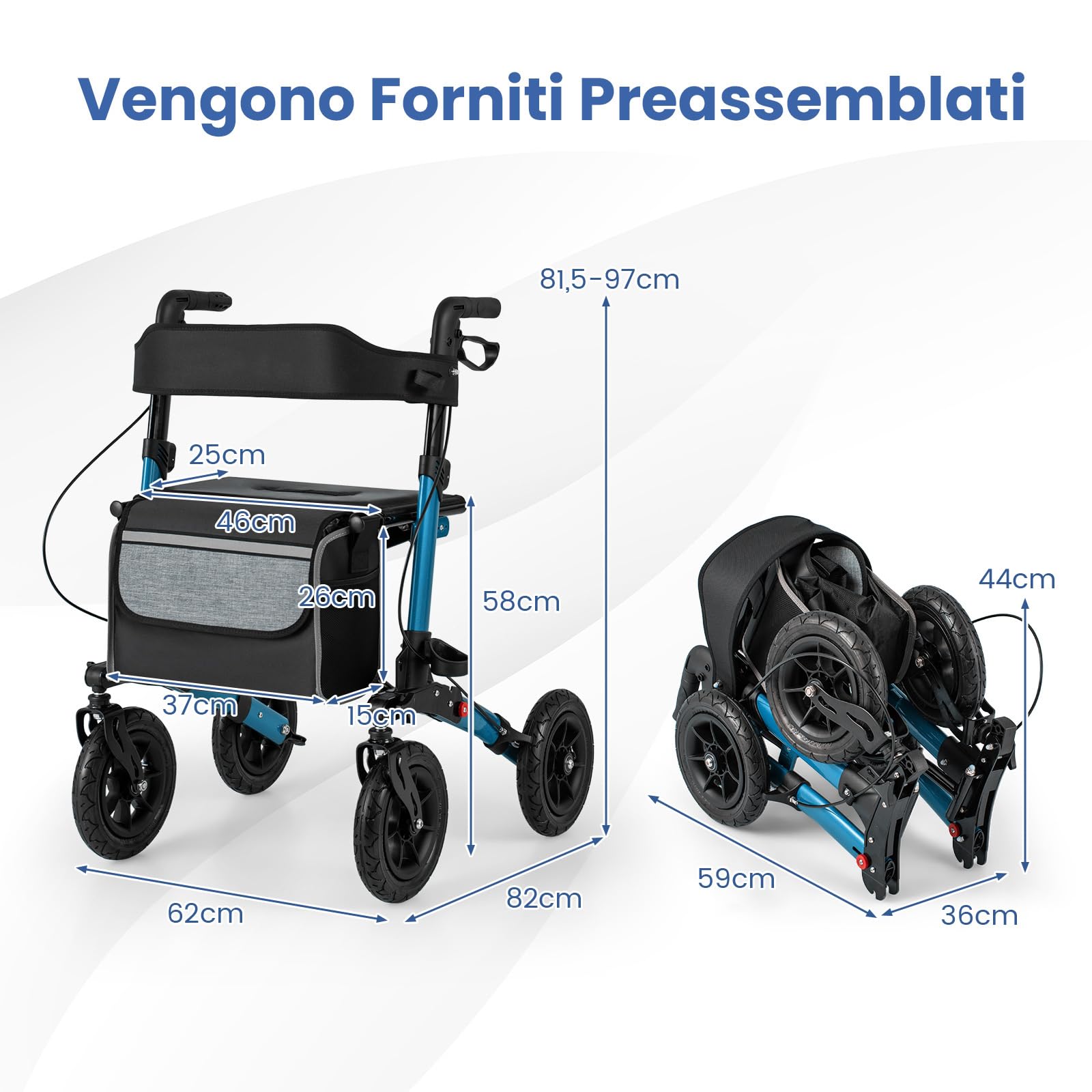 COSTWAY Deambulatore Pieghevole per Anziani in Alluminio, Rollator Regolabile in Altezza con Seduta, Schienale e Freni, Girello per Anziani con Borsetta, Carico Massimo 140 kg (Blu)
