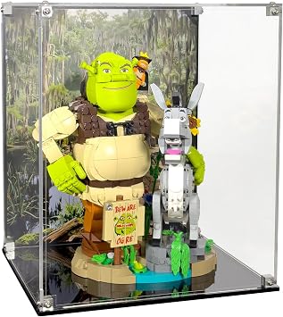 Display Case Compatible with LEGO 72423 Shrek, Donkey & Puss in Boots Crystal-Clear Enclosed Case with UV-Printed Background Set Not Included