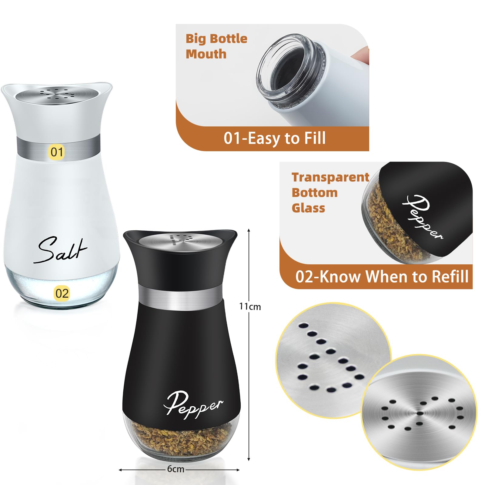 Country Salt and Pepper Shakers Set including Holder, Vintage Glass Black and White Shaker Pots - Image 4