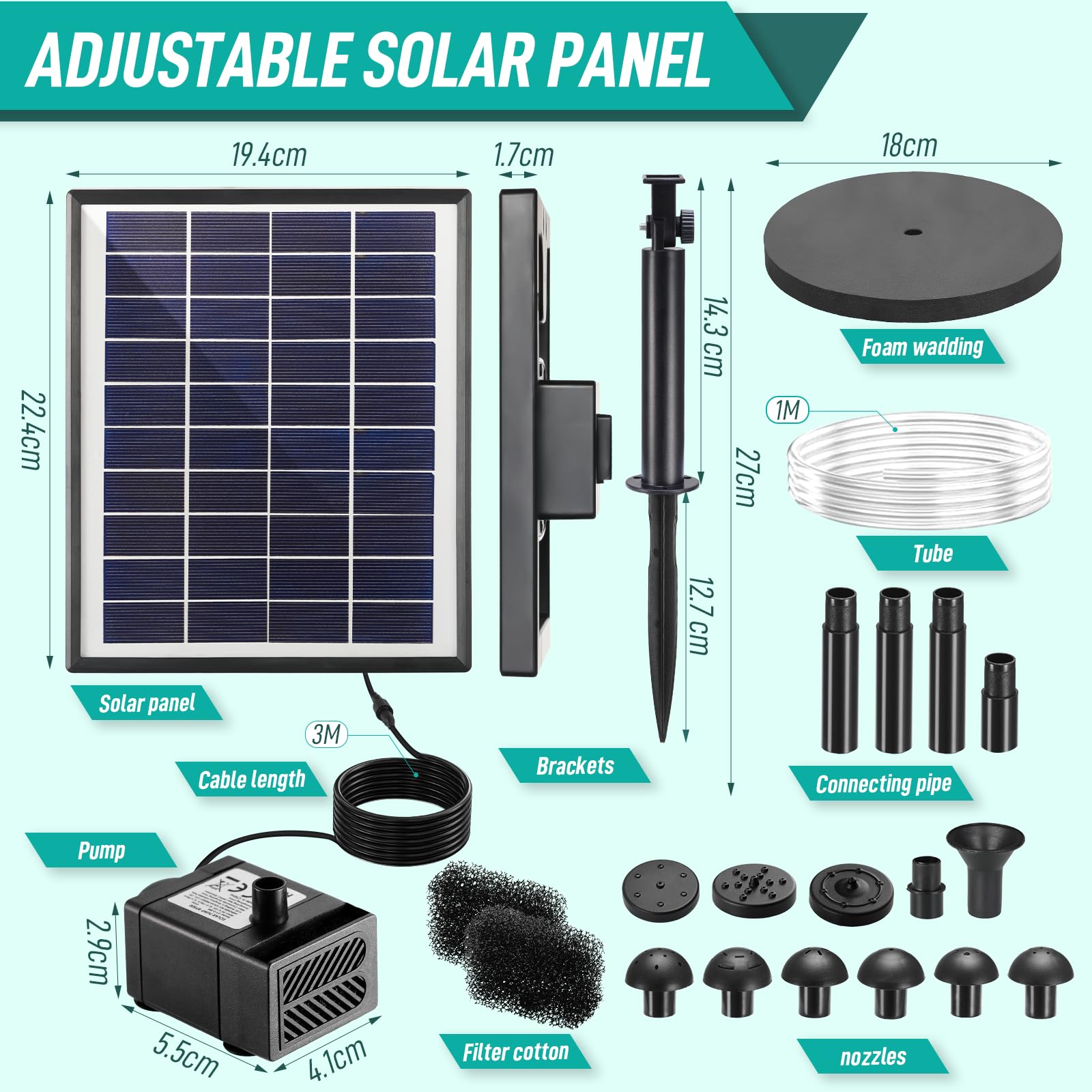 Clevich Solar Teichpumpe 6,5W, Solar Springbrunnen mit Filter, mit 1M Schlauch, 9 Düsen, 3,25M Kabellänge, DIY Brunnen, für Fischteiche, Kleine Teiche, Wasserfälle, Blumentöpfe, Dekorationsbrunnen