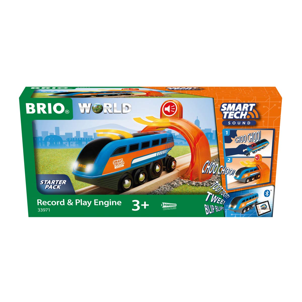 BRIO World 33971 Smart Tech Sound Lok mit Aufnahmefunktion Elektrischer Zug & World 33754 - Magnetisches Glockensignal – Eisenbahnzubehör Holzeisenbahn