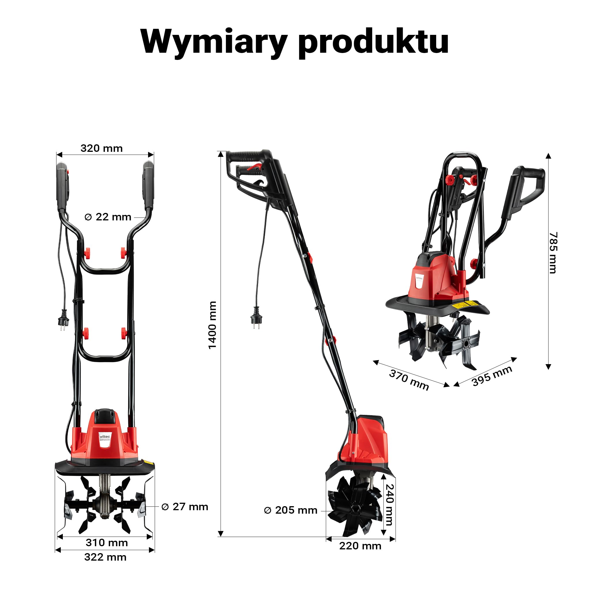 Glebogryzarka elektryczna Wiltec 1050 W z 380 obr/min, kultywator o głębokości roboczej 220 mm, glebogryzarka ogrodowa z 16 ostrzami, glebogryzarka z ergonomicznym uchwytem