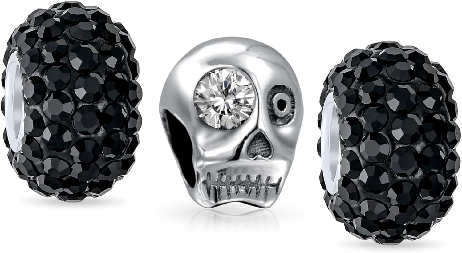 Bling Jewelry Set of Three Halloween Skeleton Skull Diameter De Los Muertos White CZ Eye & Solid Black Crystal Spacer Charm Bead For Women .925 Sterling Silver Fits European Bracelet