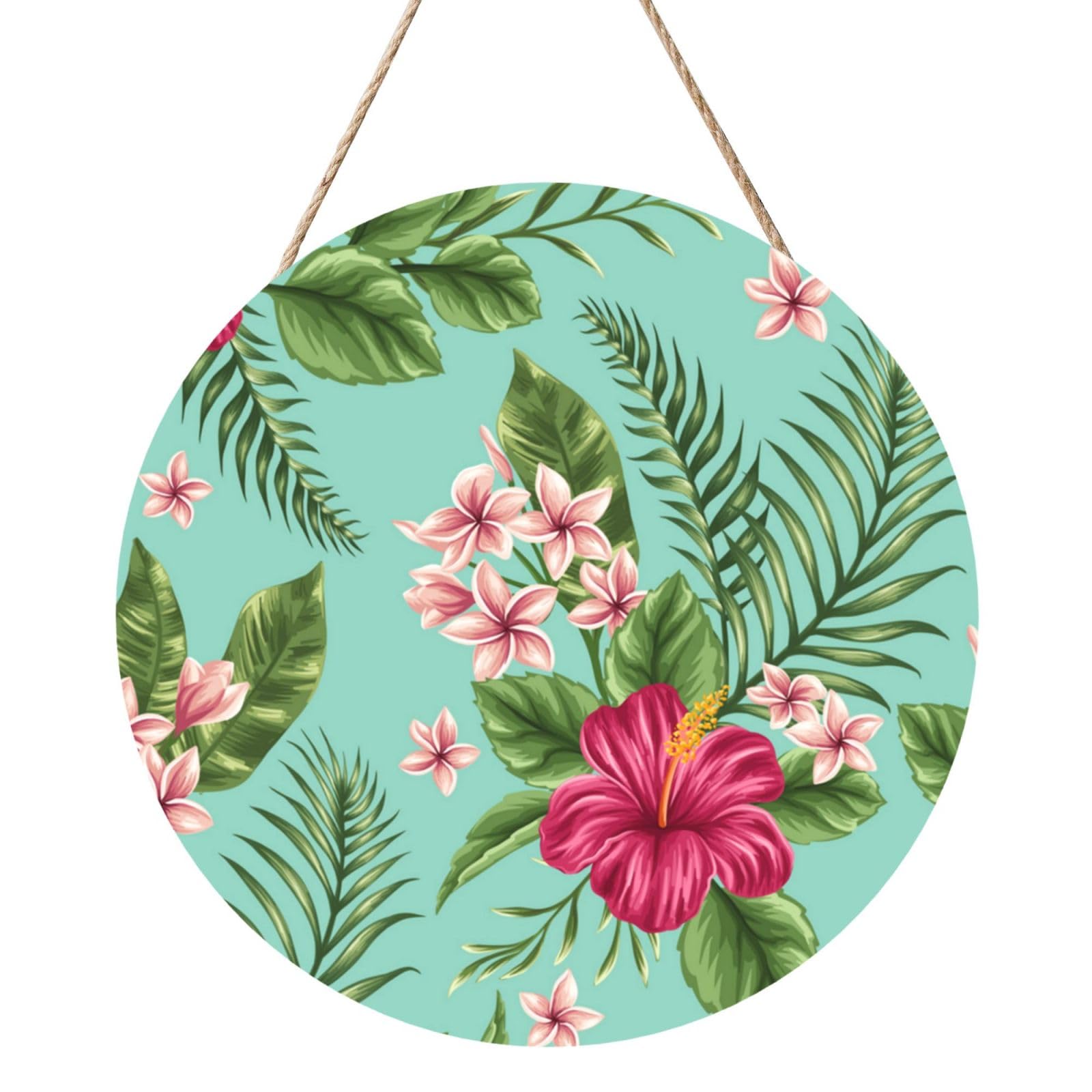 InOmak Plumeria And Hibiscus Flowers Print Exotic Jungle Palm Leaf, Round Wood Panel Painting 12 in, Wall Hanging Painting For Home