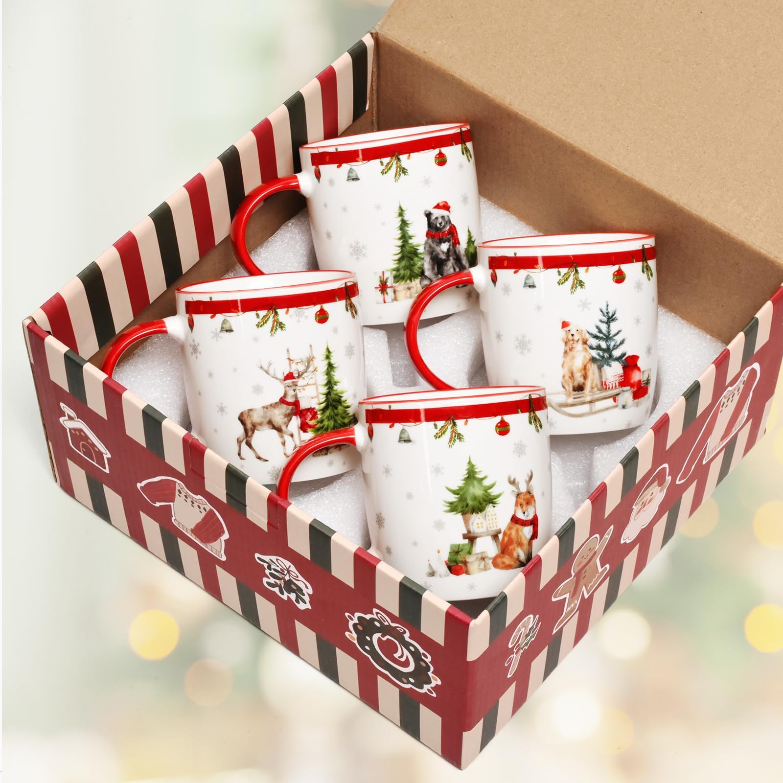 Joymaking Juego de 4 tazas de Navidad, juego de tazas de café navideñas, regalo de Navidad para mujeres y amigos, tazas de Navidad con diseño festivo, tazas de Navidad para vino caliente de cacao