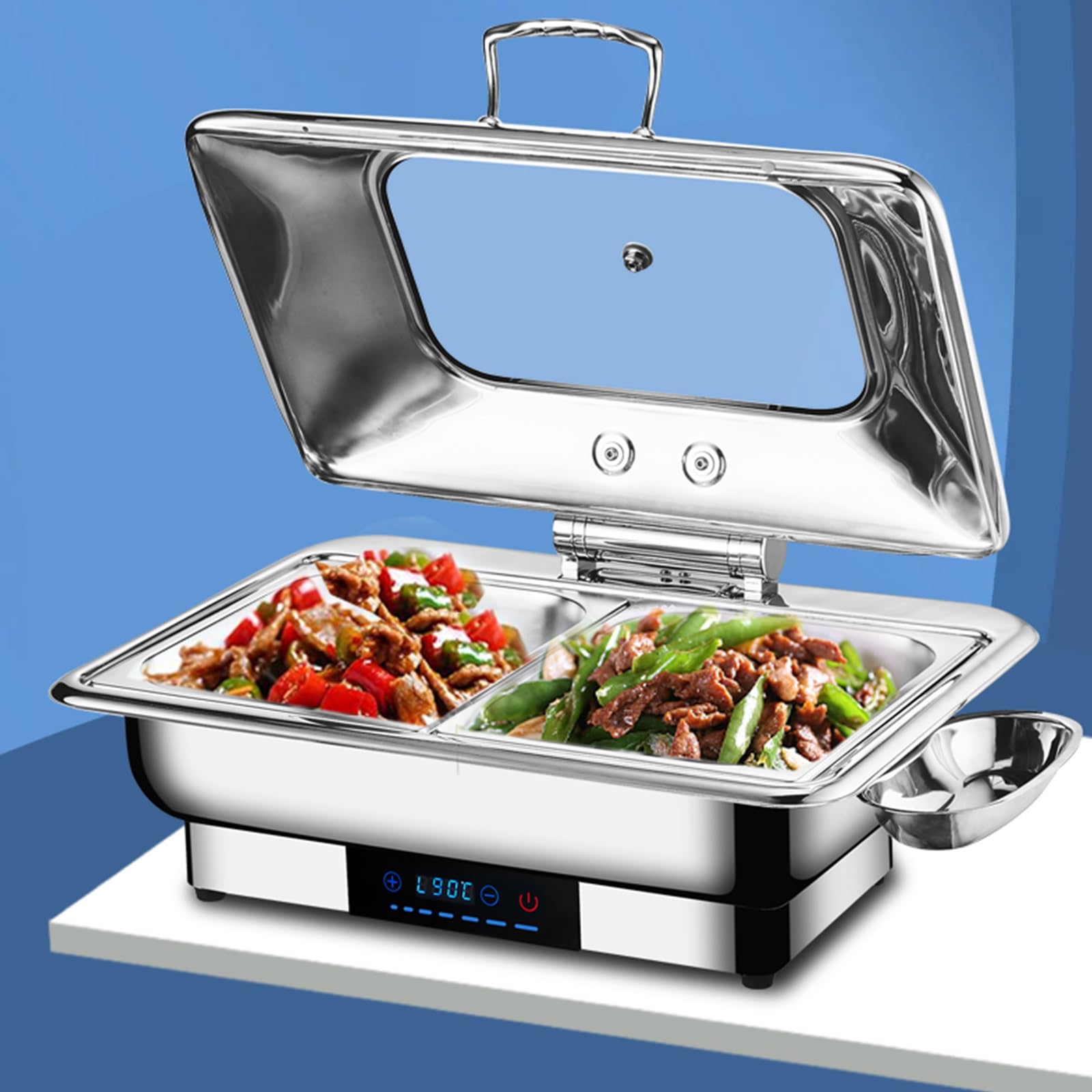 Scaldavivande Elettrico Professionale 304 Acciaio Inox Idraulico Chafing Dish all in One Touch Control Elettrico Scaldavivande da Cucina per Party, Catering(13.5L/3)