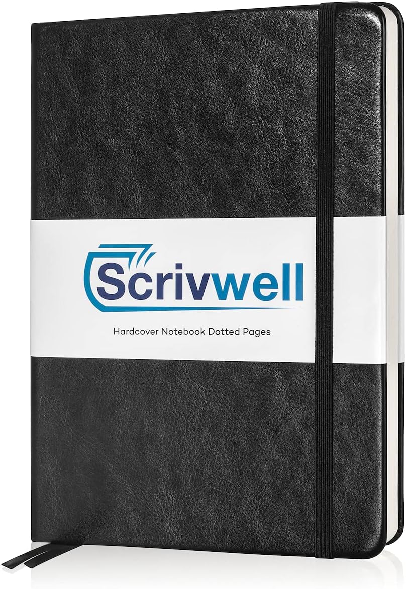 Scrivwell Dotted A5 Hardcover Notebook - 208 Dotted Pages with elastic band, two ribbon page markers, 120 GSM paper, pocket folder - great for bullet journaling - Black