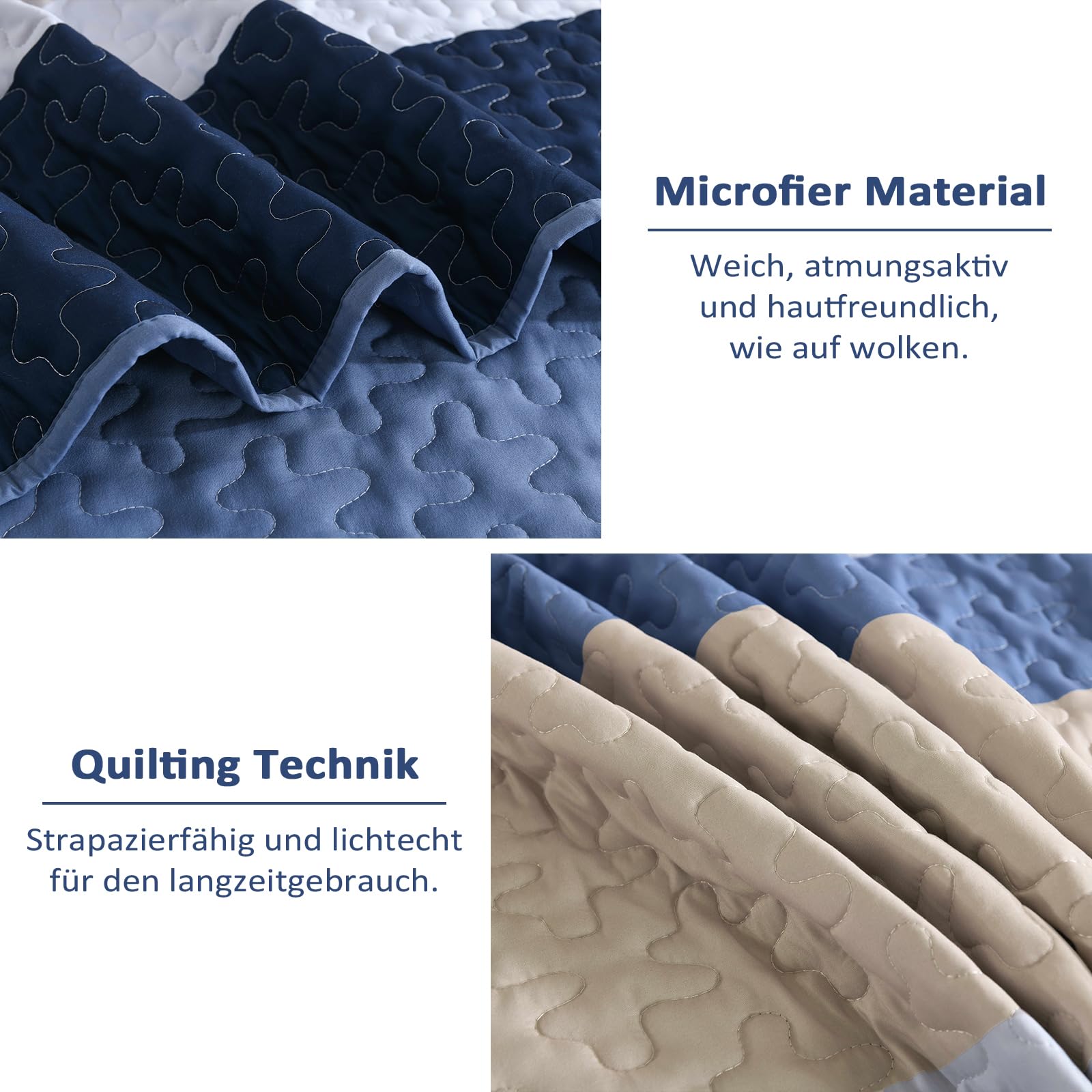 WONGS BEDDING Colcha de 240 x 260 cm, color azul, a rayas, 3 piezas, para cama de matrimonio, microfibra, con 2 fundas de almohada de 50 x 75 cm, para dormitorio o sofá