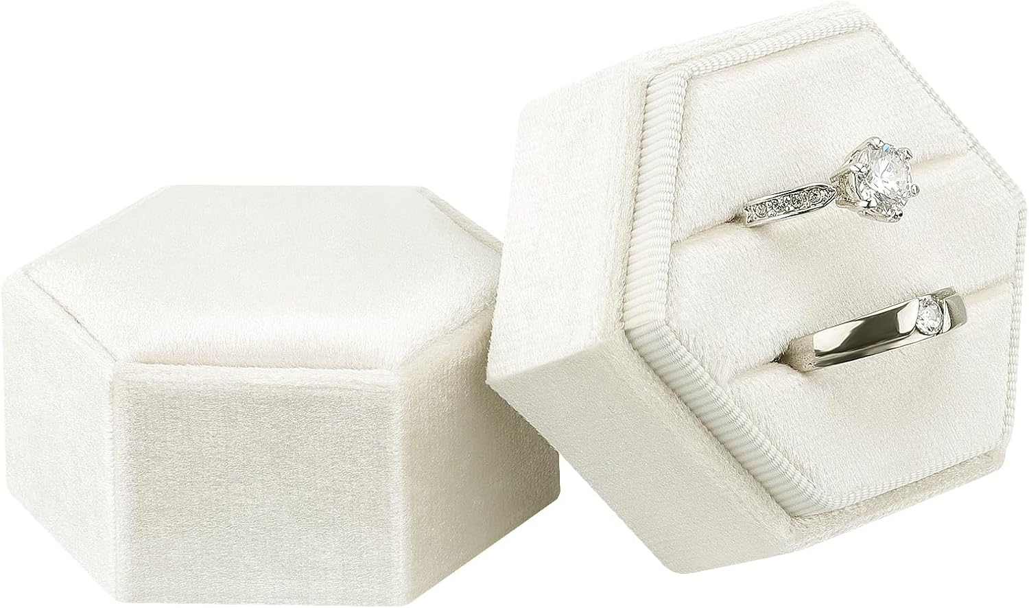 DesignSter Velvet Jewelry Ring Box,2 Slots Jewelry Ring Gift Box Vintage Ring Display Holder with Detachable Lid for Proposal, Engagement, Wedding, Ceremony(Beige)