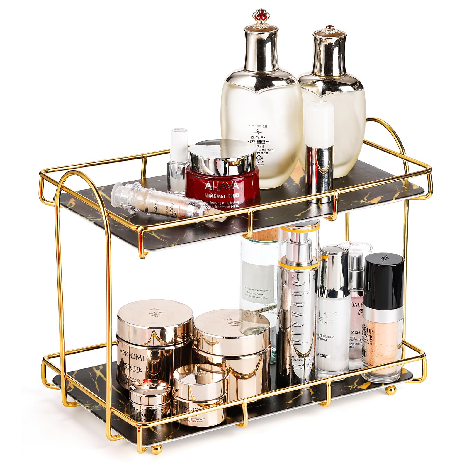 Hacaroa Bathroom Countertop Organizer with Marbling Tray, 2 Tier Makeup Organizer Wire Vanity Tray, Gold Cosmetic Storage Shelf Counter Standing Rack for Kitchen, Dresser, Perfume, Skincare