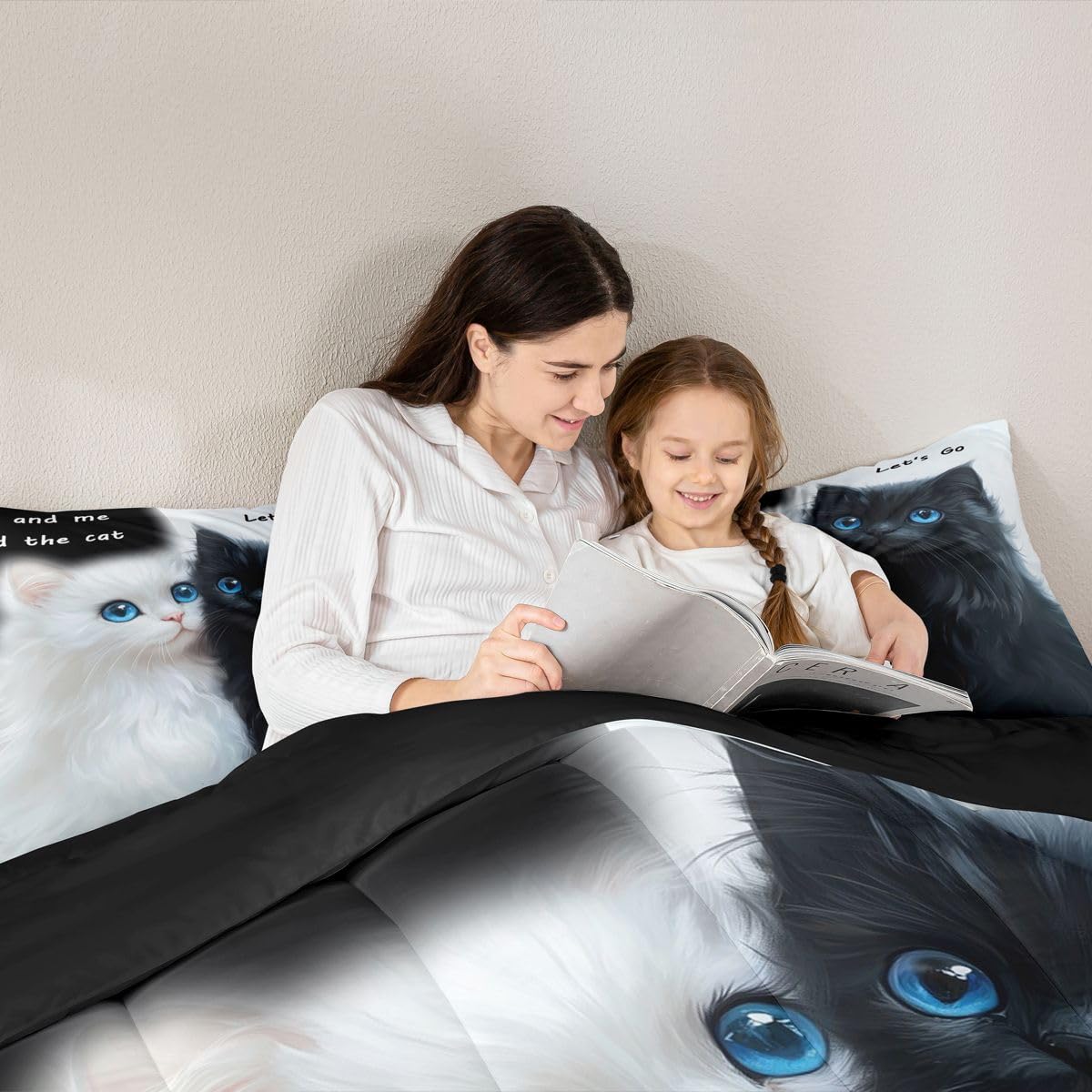 Homewish Nero Bianco Gatti Singolo Coverless Set Copripiumino Poliestere | Set di biancheria da letto con copripiumino e 1 federa per gli amanti degli animali domestici, con occhi azzurri