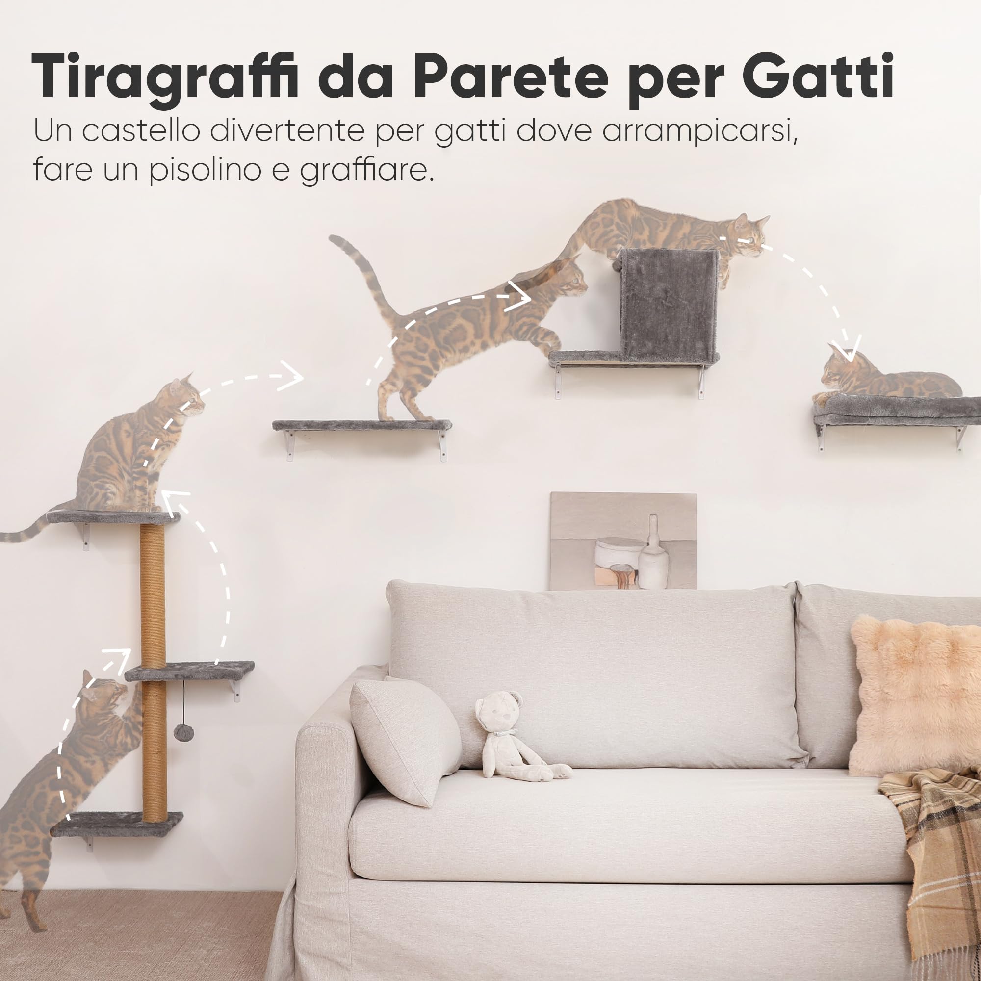 FUKUMARU Mensole per Gatti da Parete, Set di Mobili da Parete per Gatti Stabile e Sicuro, Albero da Arrampicata in Legno Rinforzato con Palo Tiragraffi e Giocattolo per Gatti - Grigio