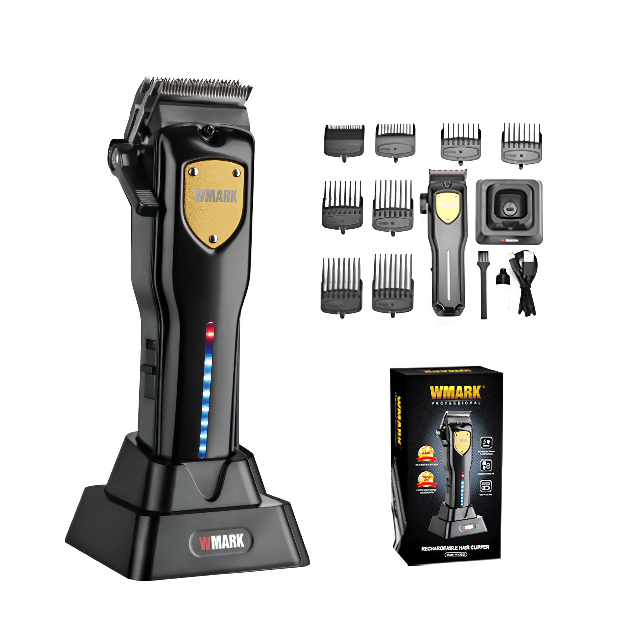 WMARKNG-2043 Professional Zero Gapped Hair Trimmer Self Sharpening Blade 6000/7000 RPM Magnetic Two Speed Motor Charging Pod 8 Guide Comb Taper Lever Adjustment Runtime 240 Min 2000Mah Battery,Black