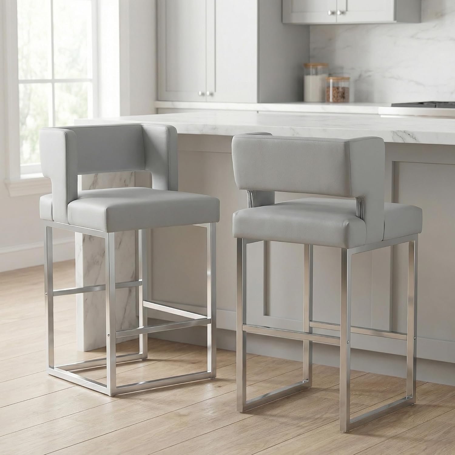 Hommoo 26” Bar Stools Set of 2, Counter Height Bar Chairs, Modern Kitchen Island Stools with Back and Arm, Faux Leather Barstools with Metal Legs for Home Bar Cafe Pub Grey and Silver