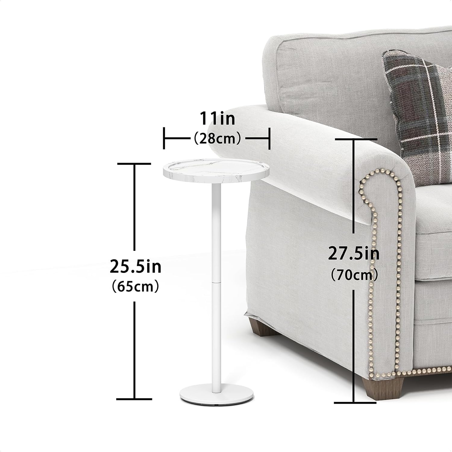 KJGKK Drink Table, 11 inch Dia., Small Pedestal Side Table, Round Cocktail Table, Circle End Table with Metal Base, for Small Spaces, Living Room, Bedroom, Faux Marble, White
