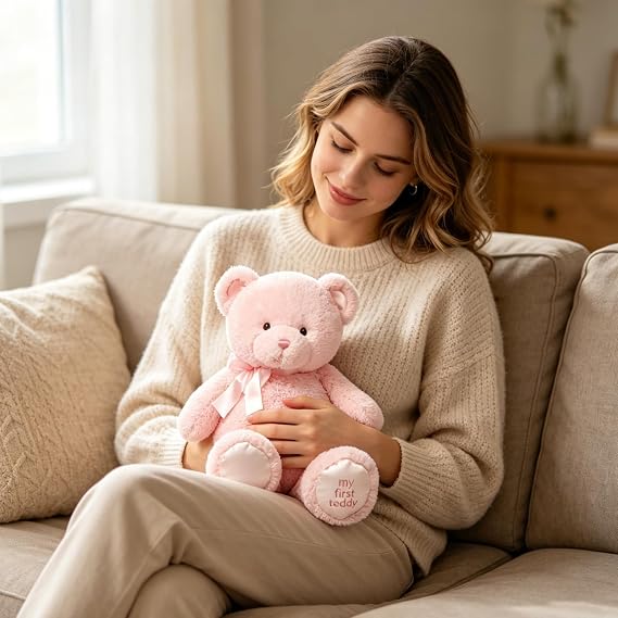 Pink Teddy Bear, Soft Plush Stuffed Animal, Cuddly Companion for Adults, for Birthdays and Holidays, 28 cm Fluffy Teddy
