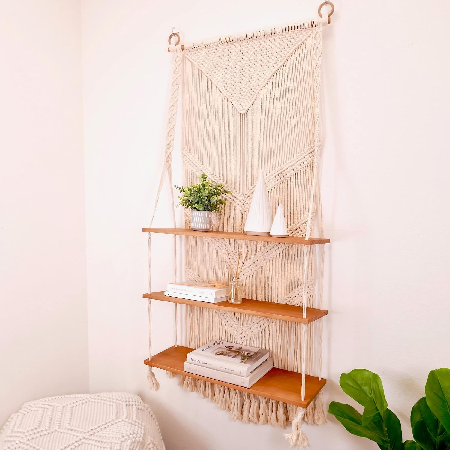 31Mod Macrame Wall Hanging Shelf with Enhanced Solid Wood Shelves and Handmade Macrame to Organize Plants and Decor — 3 Tier Macrame Shelf Wall Hanging for Kitchen, Bathroom, Home Storage (Large)