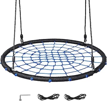 Spider Web Saucer Tree Swing, 450lbs,Adjustable Heightfor Kids and Adults, Outdoor Net Swing with Steel Frame and 2 Hanging Straps Blue-100cm