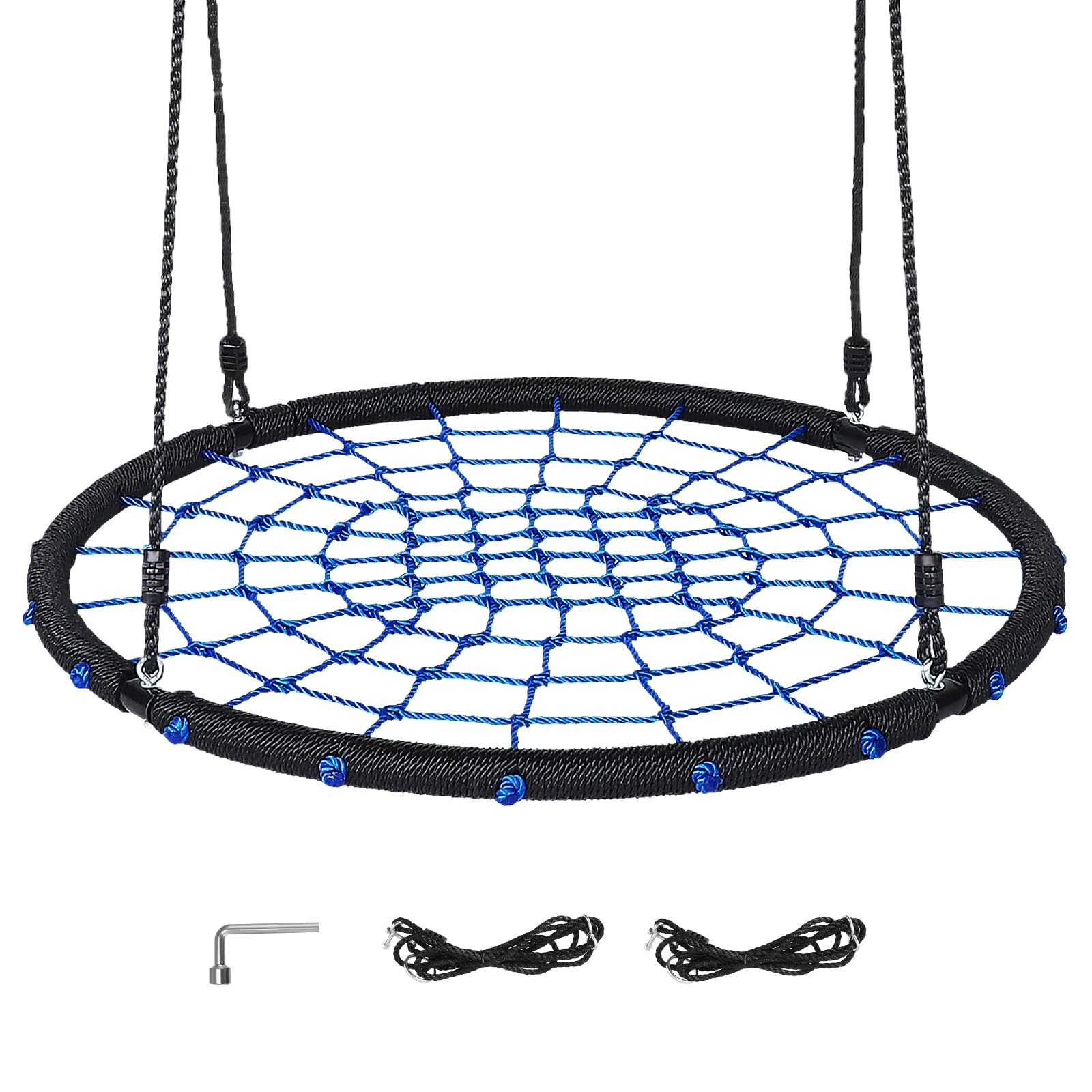 Spider Web Saucer Tree Swing, 450lbs,Adjustable Heightfor Kids and Adults, Outdoor Net Swing with Steel Frame and 2 Hanging Straps (Blue-100cm)