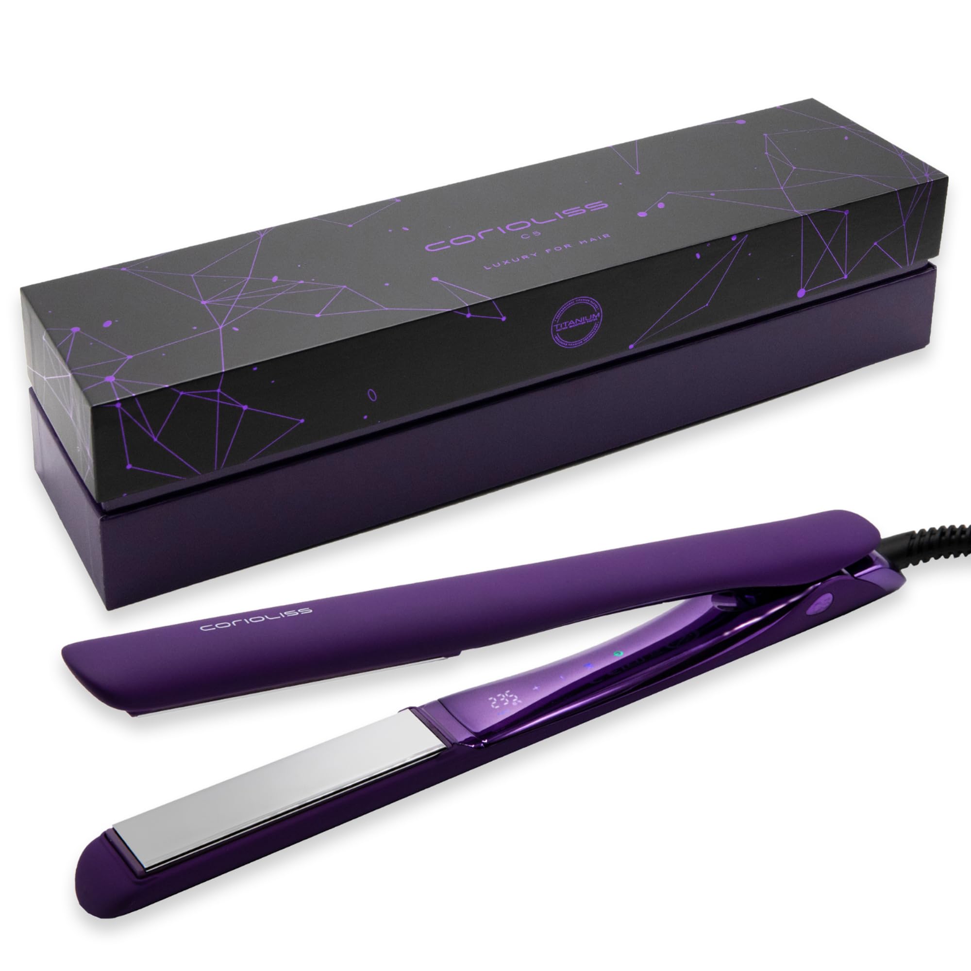 Corioliss C5 | Plancha del Pelo Profesional | Placas de Titanio | Alisado y Ondas | Temperatura Ajustable 80º-235º | Ionica | Apagado Automático Programable | Con Funda de Viaje | Purple
