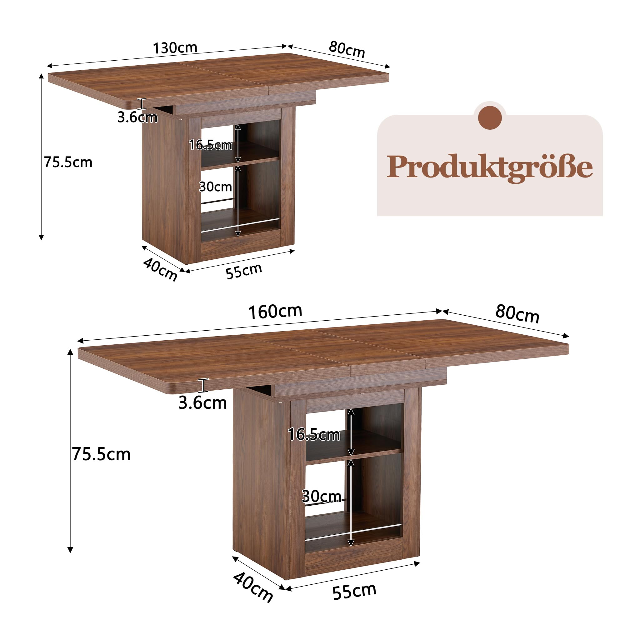 Shye Tavolo da Pranzo Allungabile Moderno in Legno di Noce con Ripiano Tavolo da Cucina Salvaspazio per 4-8 Persone con Guide in Metallo