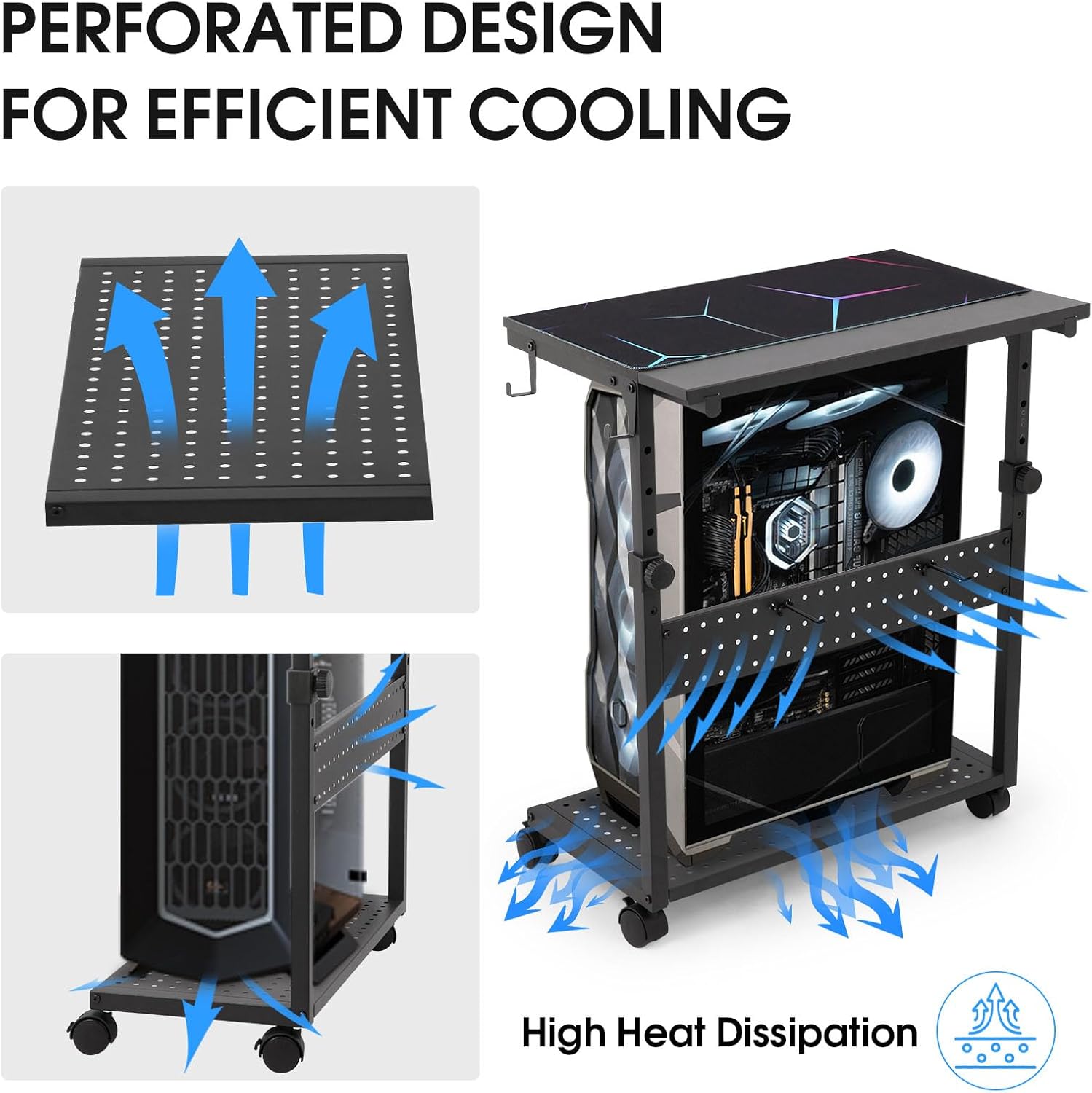 KEBE Wider Tower Stand, Height Adjustable Computer Tower for Gaming Home Office, 2-Tier PC Stand Printer Rack ATX-Case CPU Holder Cart with Wheels & Mouse Pad, Black