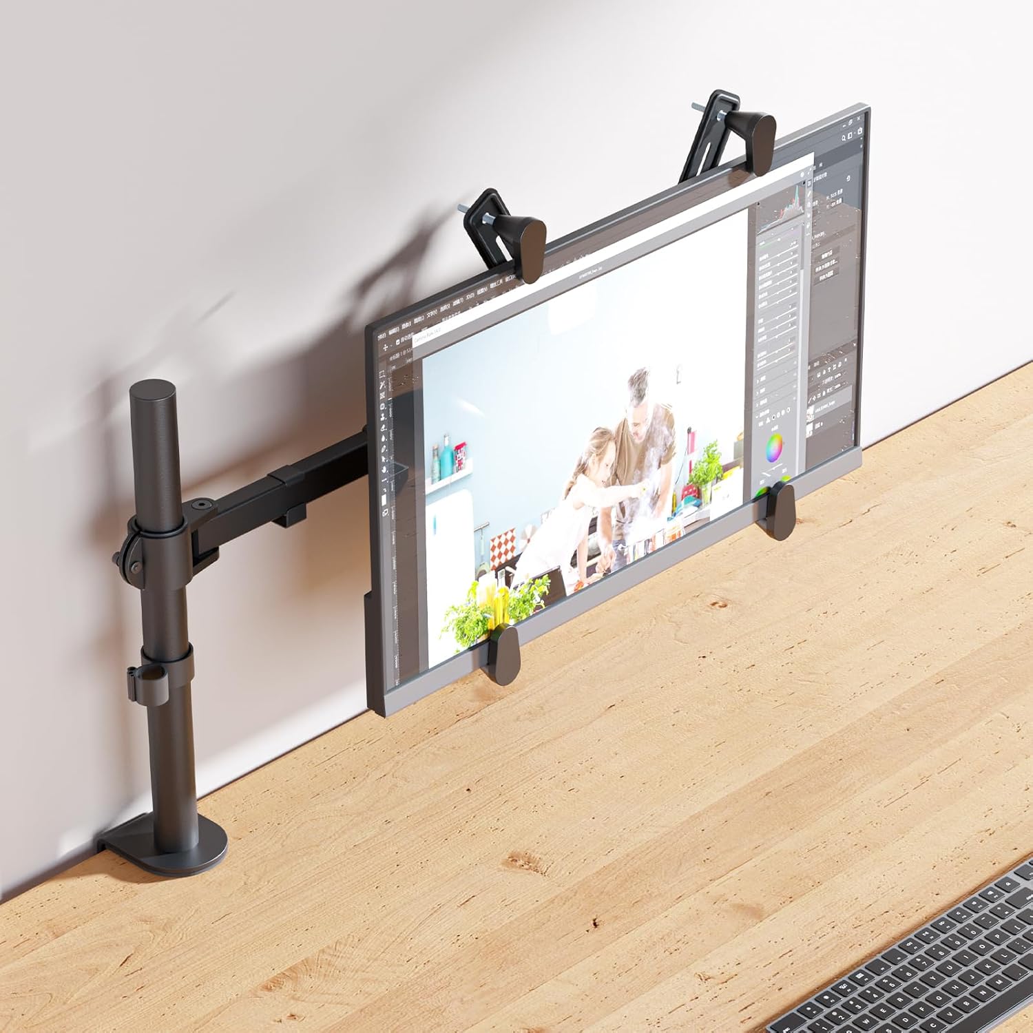 Monitor attached to WALI arm using adaptor brackets, side view