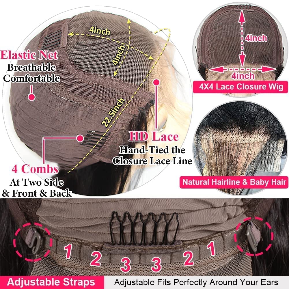 Amazon.com : Queen Story 22 Inch Closure Wigs Human Hair 4x4  display picture 1