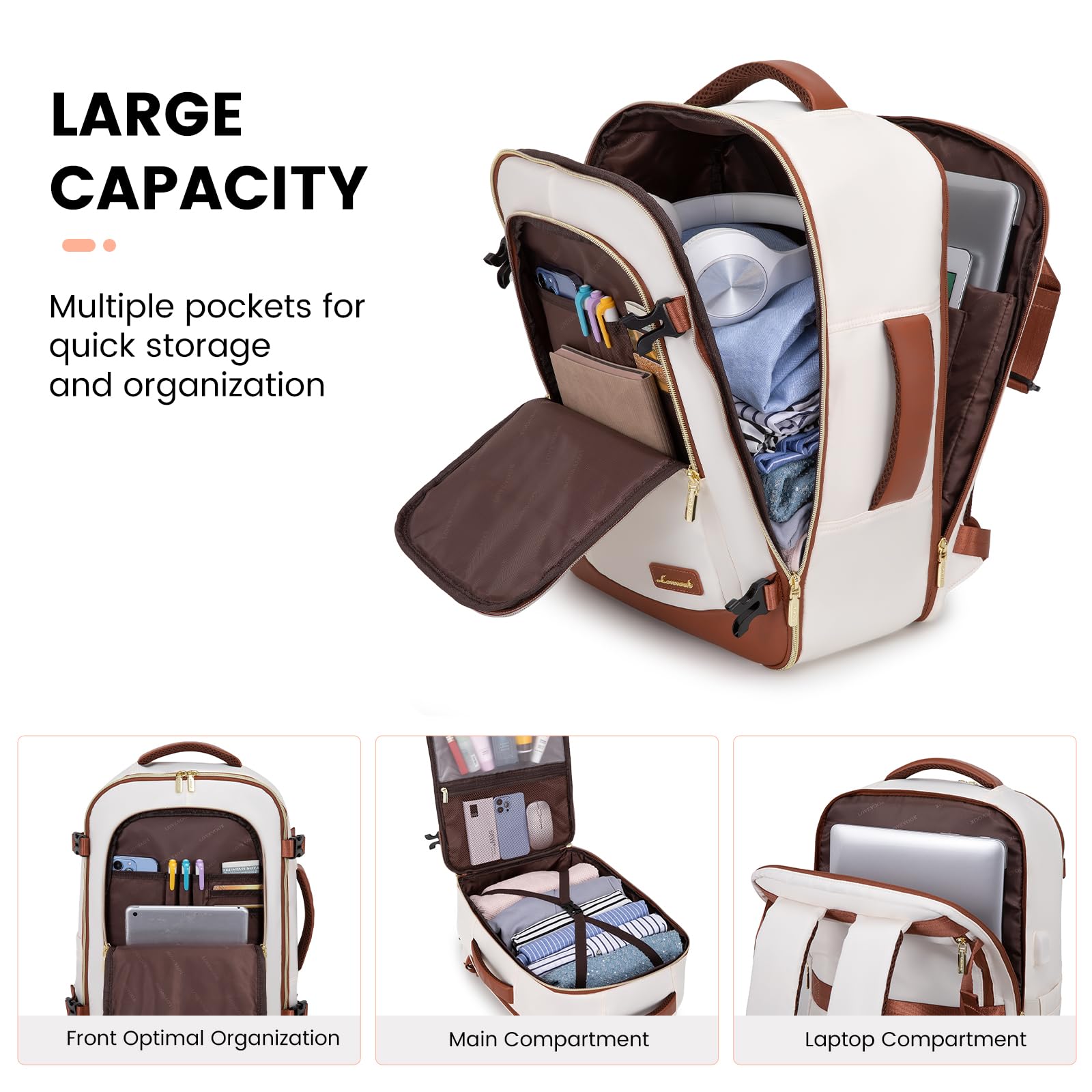 LOVEVOOK Travel Backpack for Women, 40L Carry On Backpack, Personal Item Bag with 3 Packing Cubes, Water Resistant Bussiness Weekender Overnight Luggage Daypack, Fits 15.6 Inch Laptop, Beige Brown