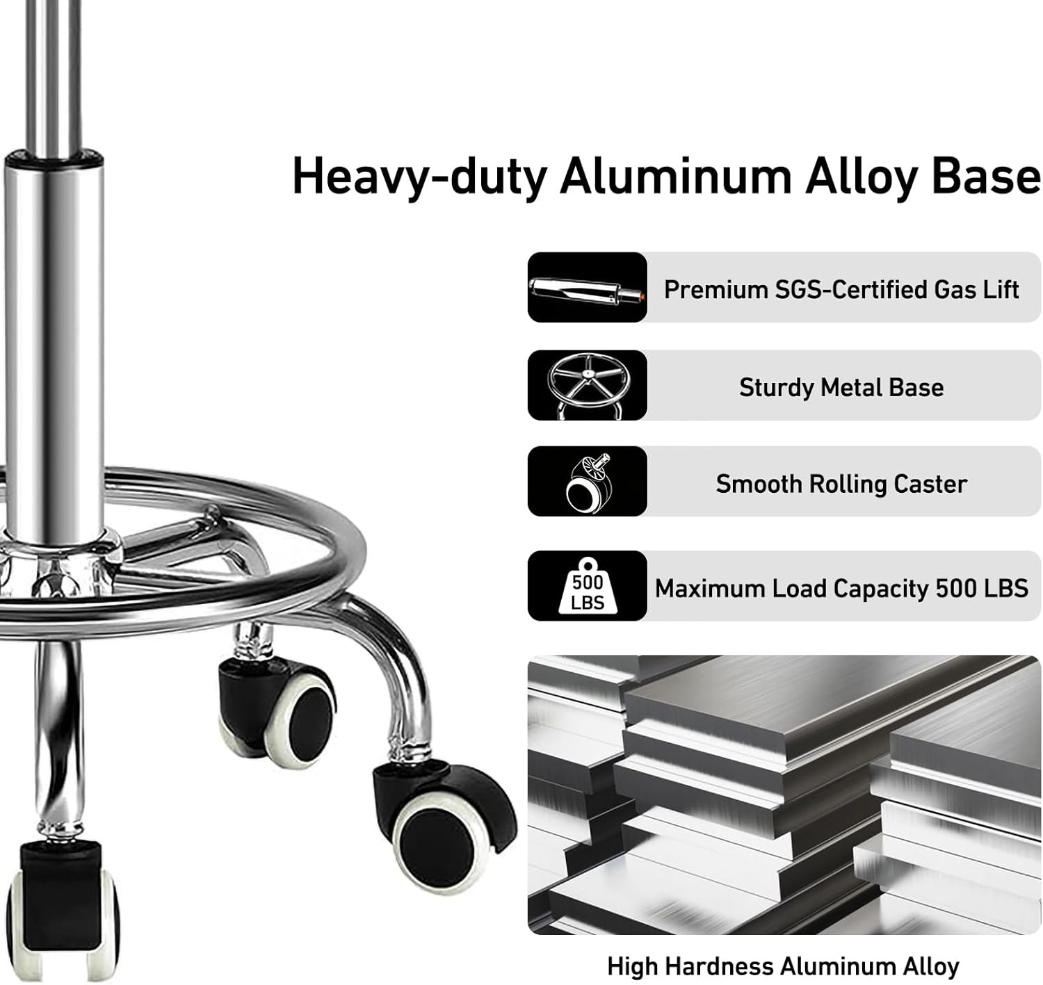 500lb Capacity Rolling Stool with Luxurious Leather Texture Seat, Height-Adjustable Swivel Stool with Wheels & Footrest for Office, Salon, Spa, Drafting (Black)