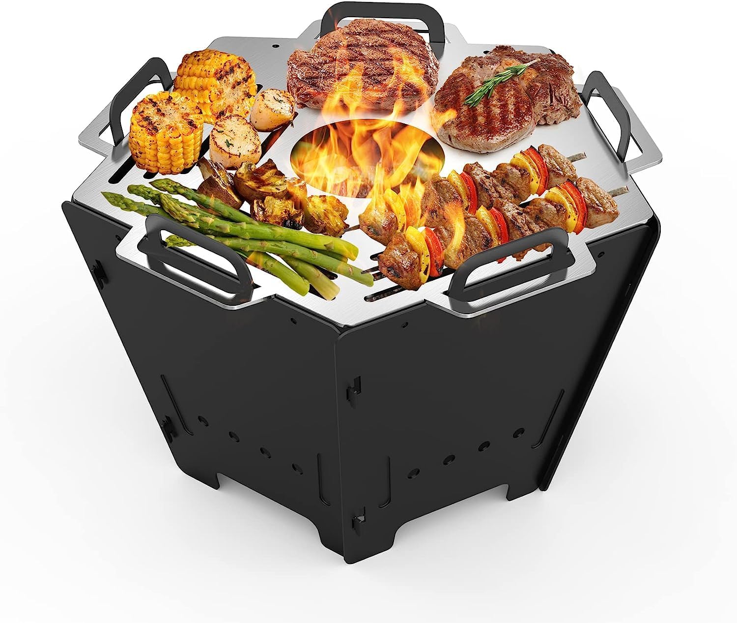 Onlyfire Chef Portable Fire Pit, Foldable Pentagonal Fire Pit with Stainless Steel Cooking Grate, Outdoor Wood Burning Grill Firepit for BBQ, Cooking, Bonfire and Camping