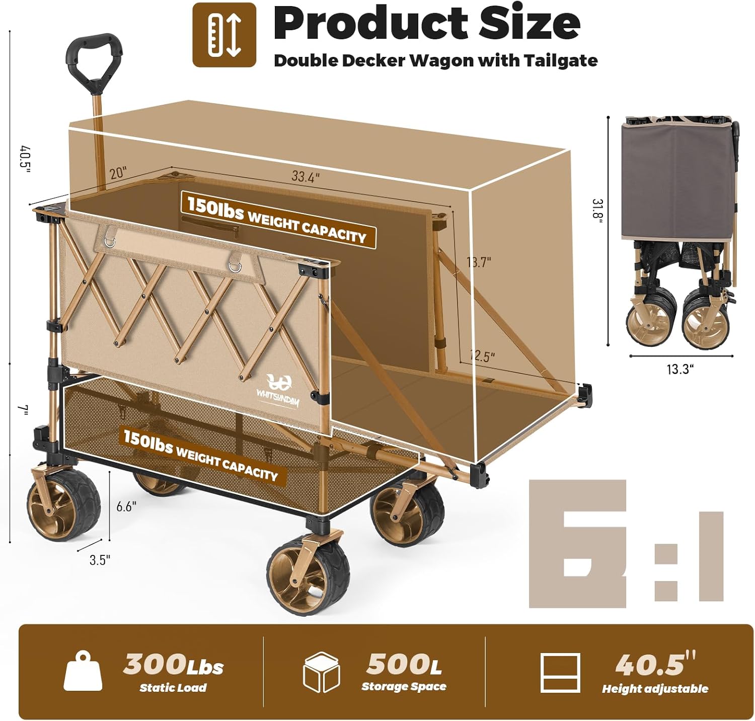 Whitsunday Double Decker Wagon, Heavy Duty Foldable Large Beach Wagon Cart with All-Terrain Big Wheels for Sports,Camping,Outdoor Khaki